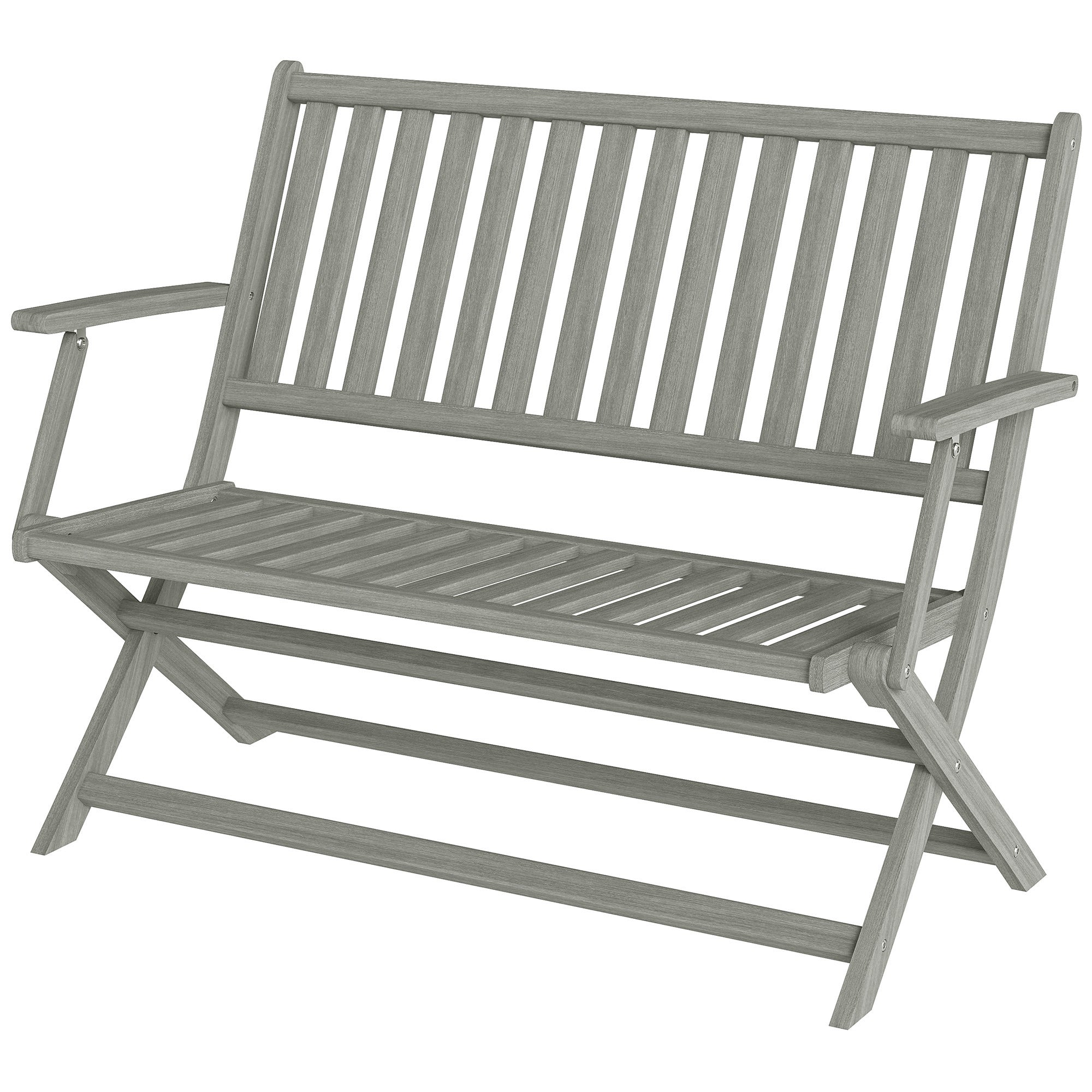 2-Person Foldable Wood Outdoor Bench with Backrest and Armrests for Garden, Porch, Park, Balcony, Gray
