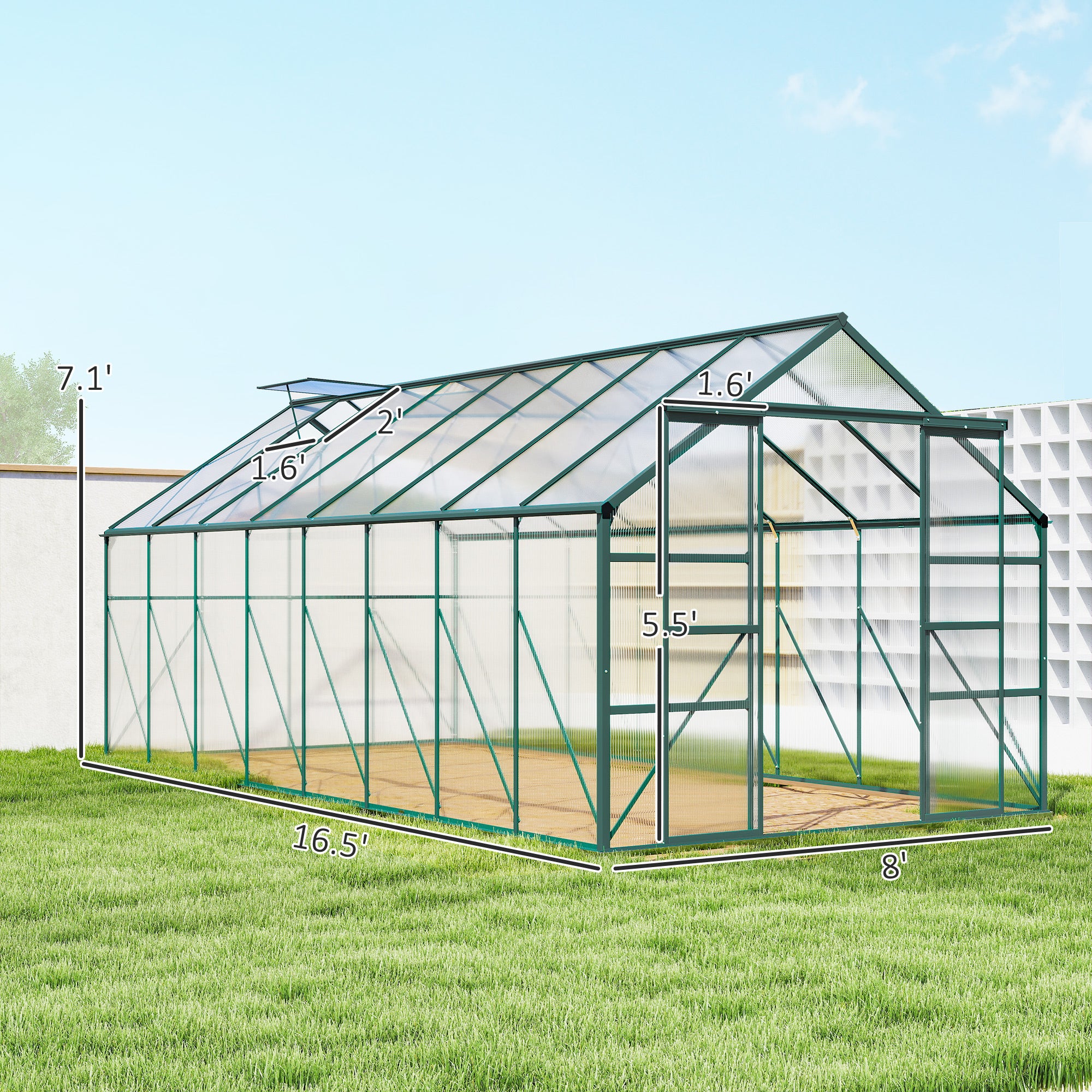 16' x 8' Aluminum Greenhouse Polycarbonate Walk-in Garden Greenhouse Kit with Adjustable Roof Vent, Rain Gutter and Sliding Door for Winter, Clear