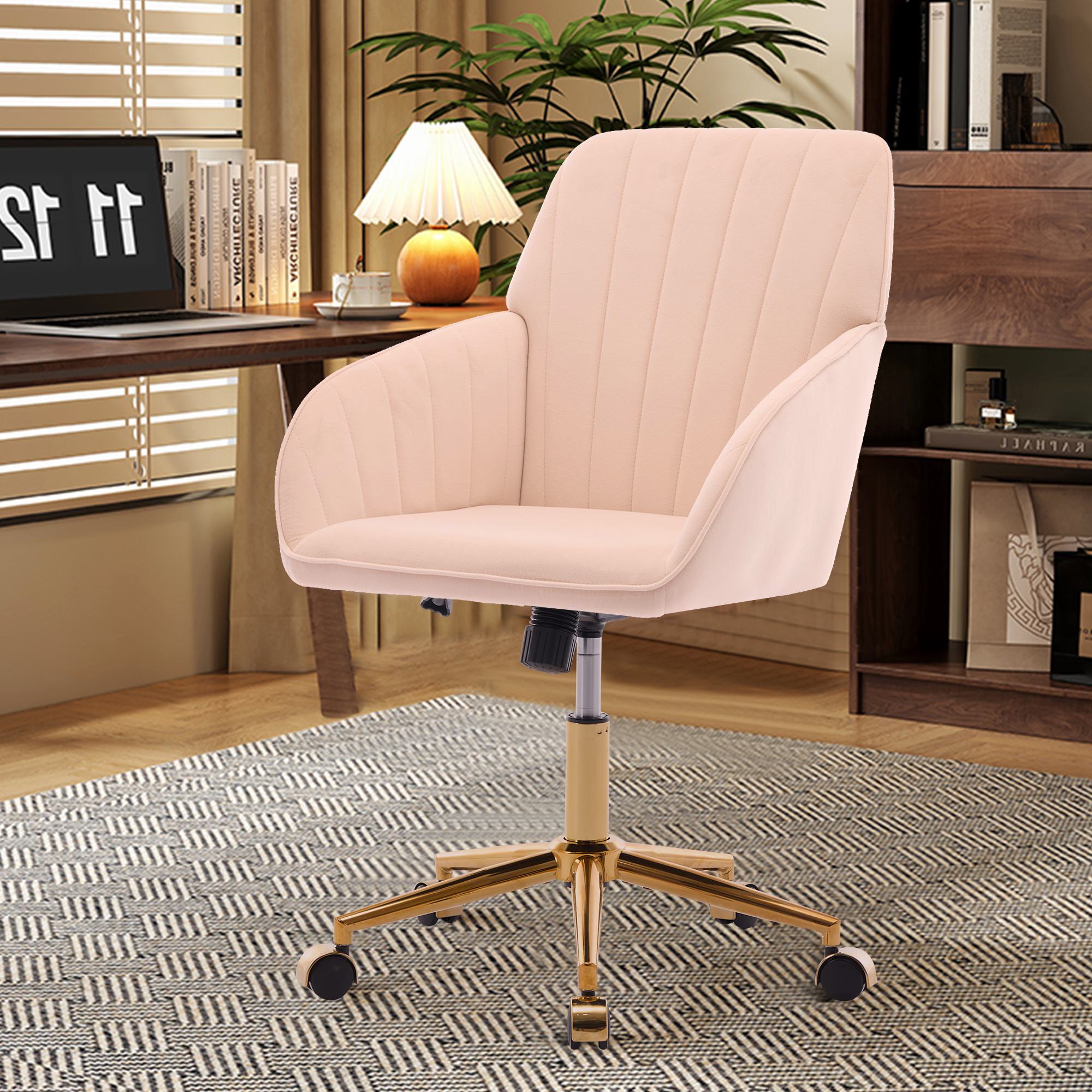 Adjustable Ergonomic Swivel Chair with Velvet Cushion and Golden Base, Office Chair, 25" L x 23" W x 38" H, khaki