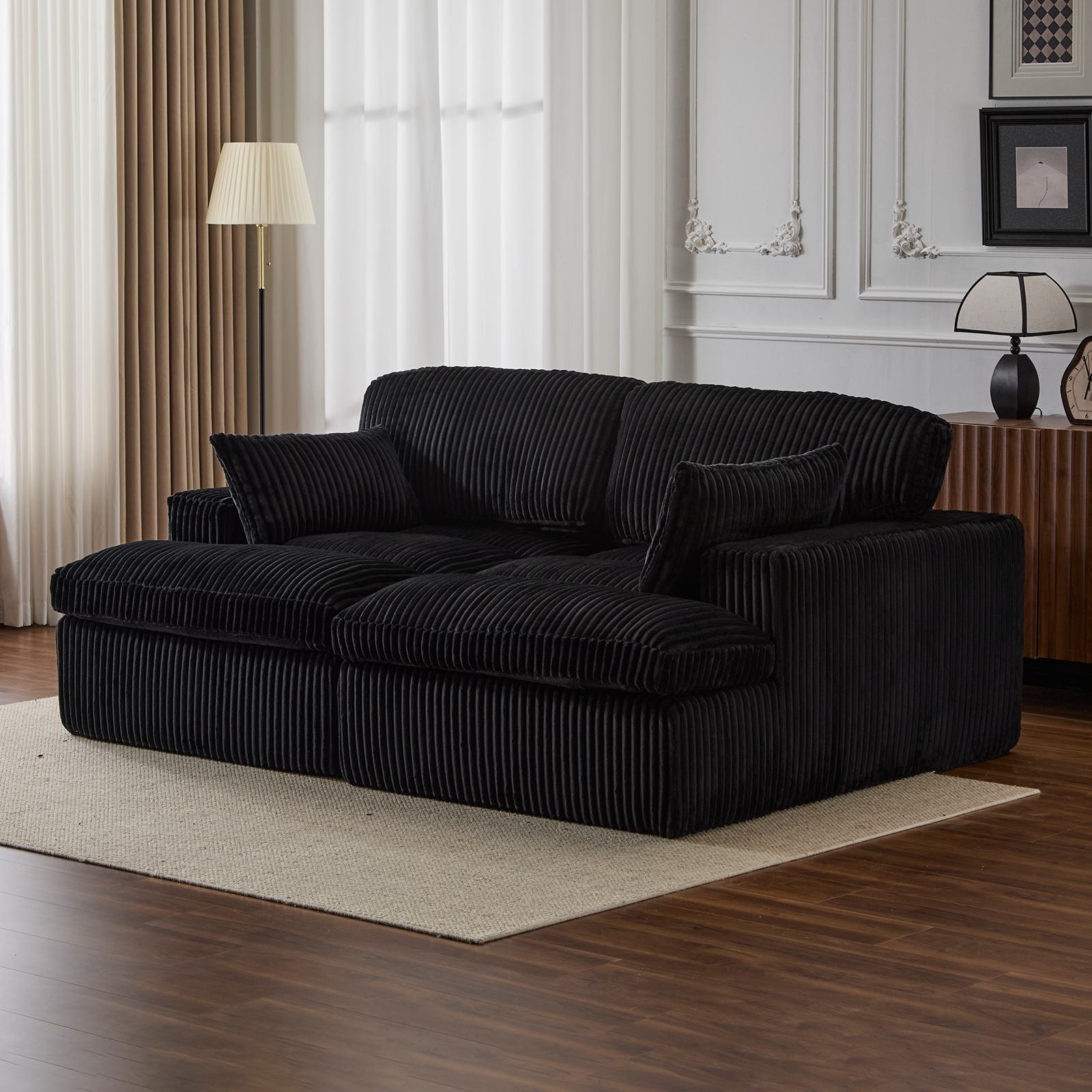 Double Chaise Lounge Chair with Deep Seat and Corduroy Fabric, Sectional Love-seat Perfect for Apartments, 82.5'' L x 57'' W x 23.5'' H, Black