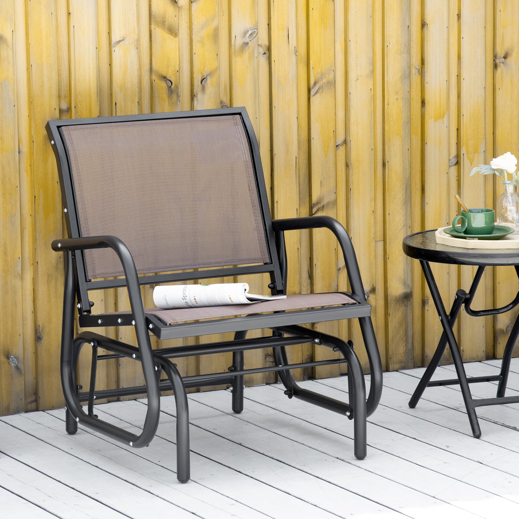 Porch Glider, Metal Frame Swing Glider Chair with Breathable Mesh Fabric, Curved Armrests and Steel Frame for Garden, Poolside, Backyard, Balcony, Brown