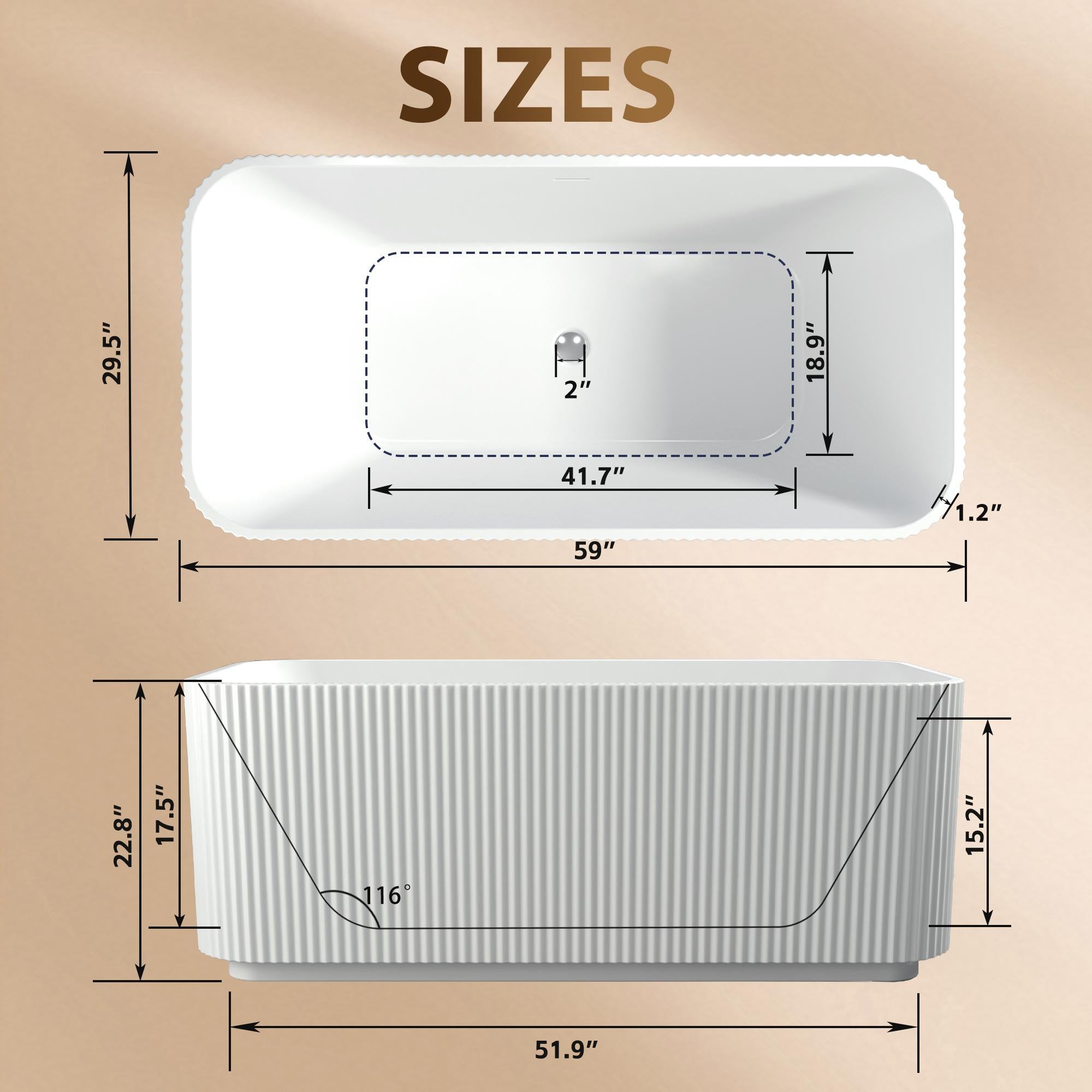 59" Rectangle Freestanding Acrylic Soaking Tub with High-Gloss Surface, Bathtub with Pop-Up Drain, 59" L x 29.5" W x 23" H, Gloss White