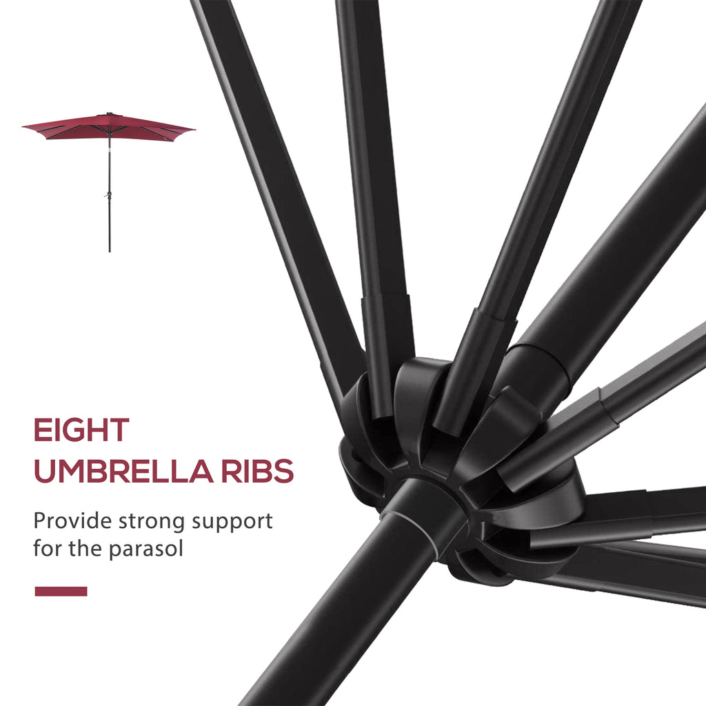 9' x 7' Solar Umbrella, LED Lighted Patio Umbrella for Table or Base with Tilt & Crank, Outdoor Umbrella for Garden, Deck, Backyard, Pool, Beach, Wine Red