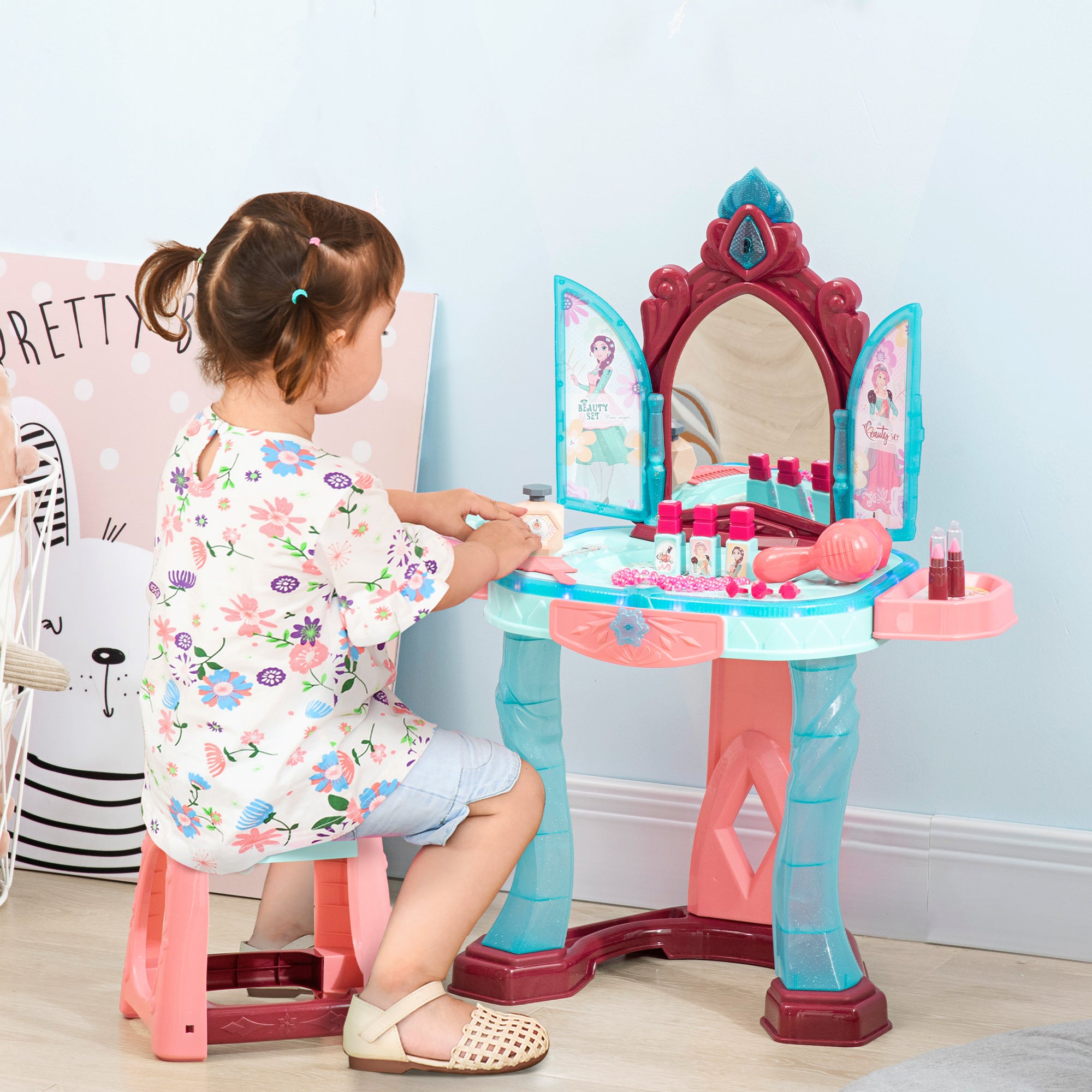 Kids Vanity Set with Self-Opening Magic Mirror, Princess Makeup Vanity Table Set with Music, Tabletop with Lights, Imaginative Toy for 3-6 Years Old Child