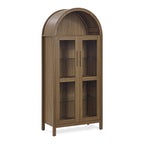 Arched Top Storage Cabinet with LED Light Strip, Adjustable Glass Shelves, Modern Bookcase for Living Room, 30" L x 15.5" W x 67" H, Brown