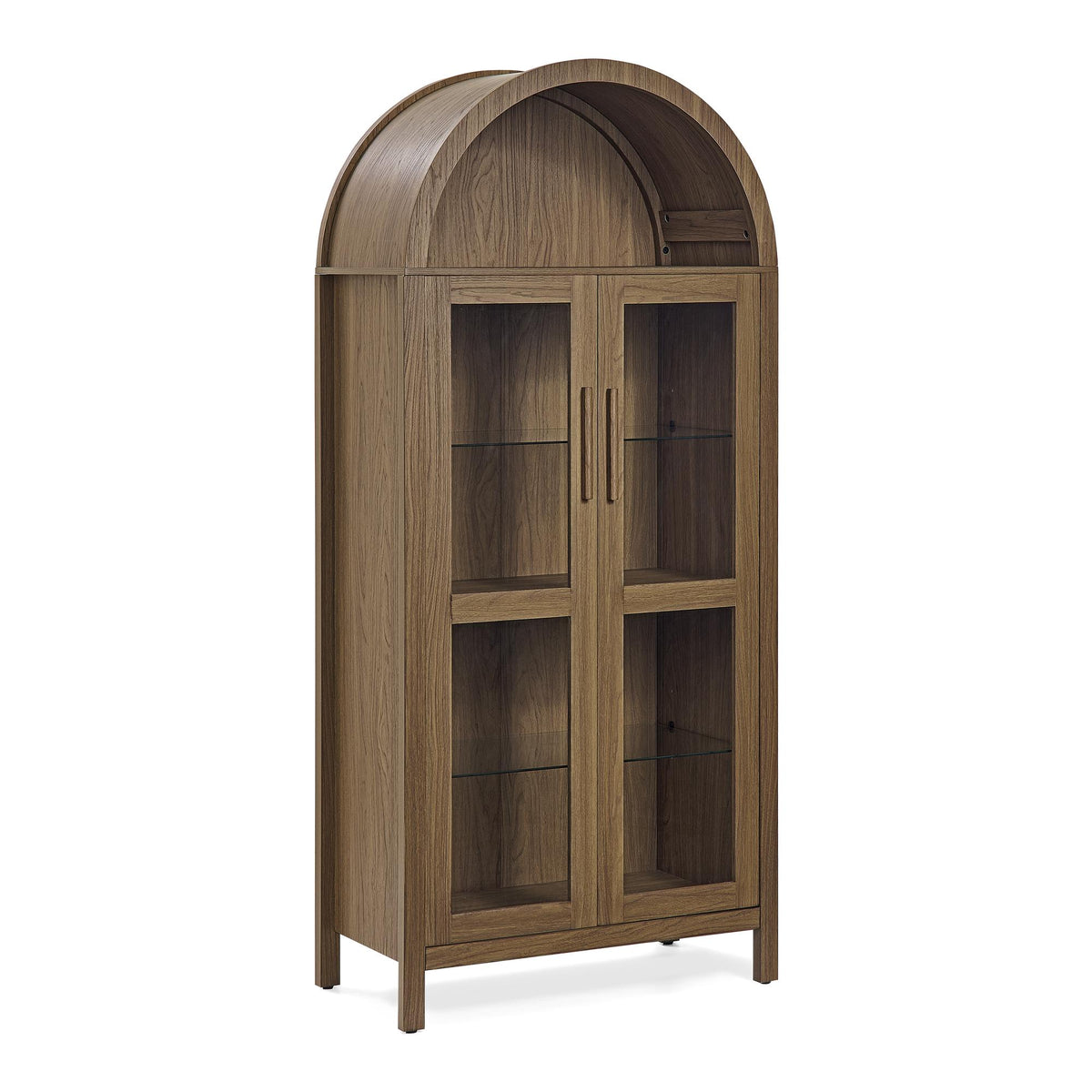 Arched Top Storage Cabinet with LED Light Strip, Adjustable Glass Shelves, Modern Bookcase for Living Room, 30" L x 15.5" W x 67" H, Brown
