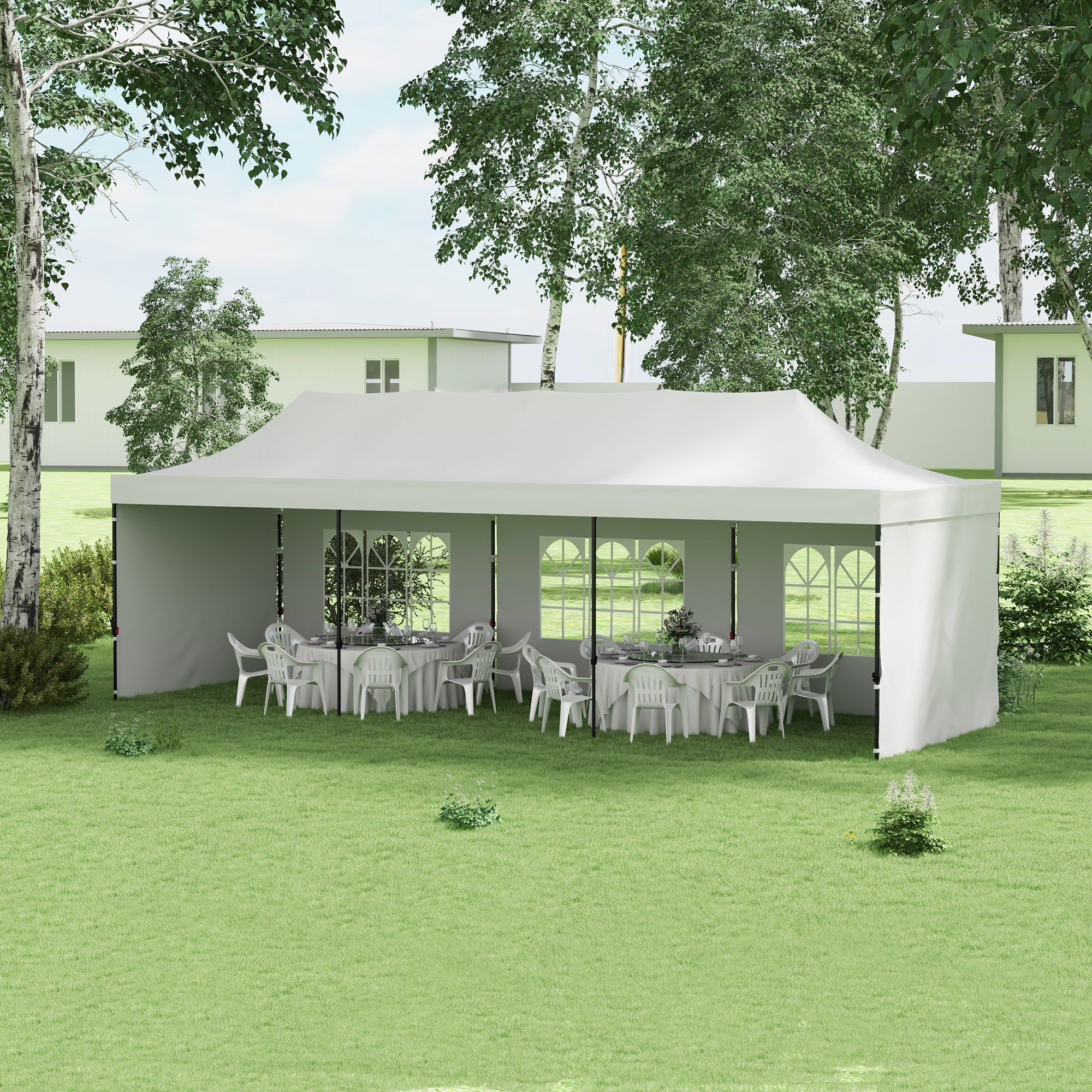 9.5' x 28' Pop Up Canopy Tent, Instant Tent for Parties, Height Adjustable, with Carry Bag and Sand Bags