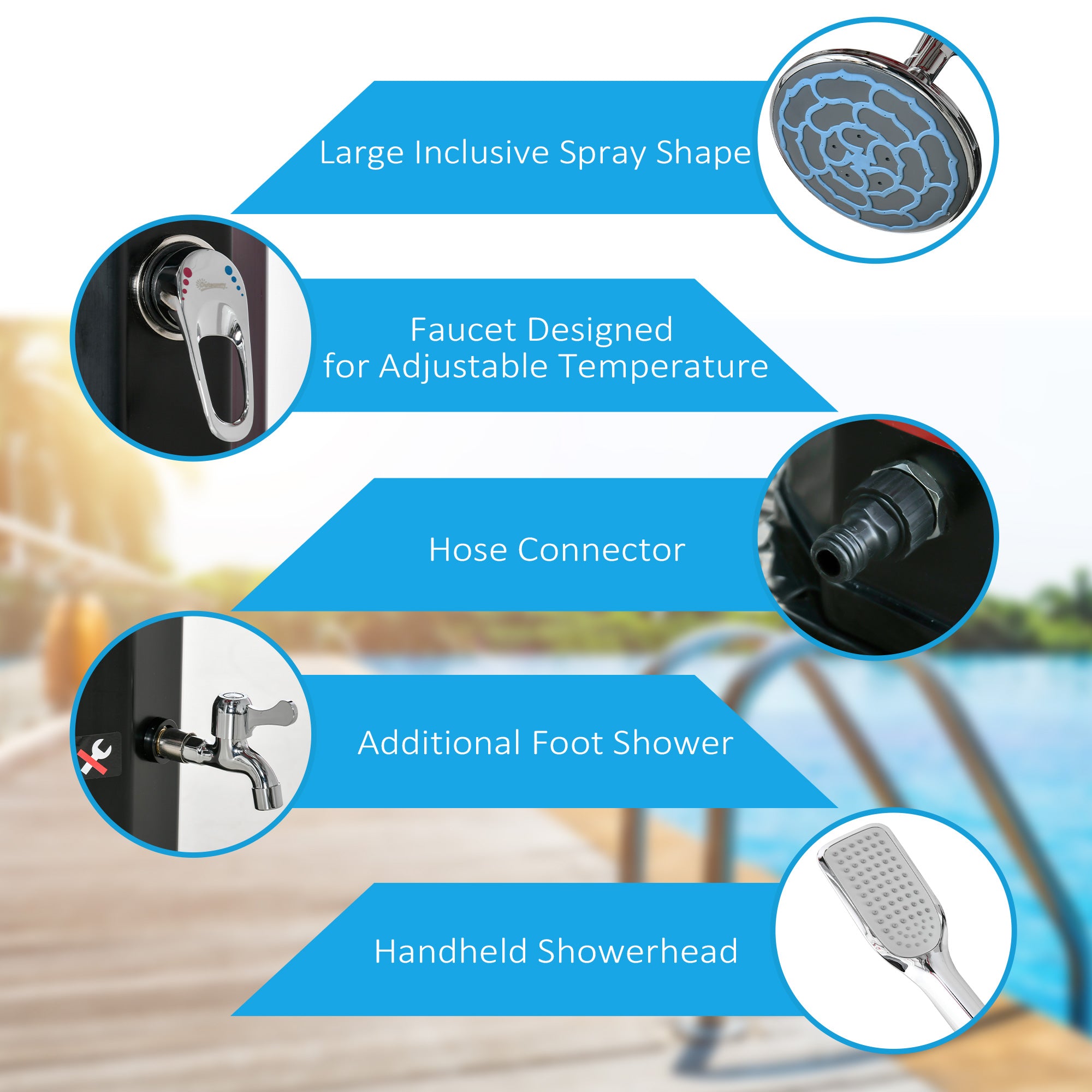 7' Outdoor Solar Heated Shower with 360 Rotating Rainfall & Handheld Shower Head, Foot Shower Faucet, Temperature and Pressure Adjustable, Holds 9.2 Gallons for Backyard Pool