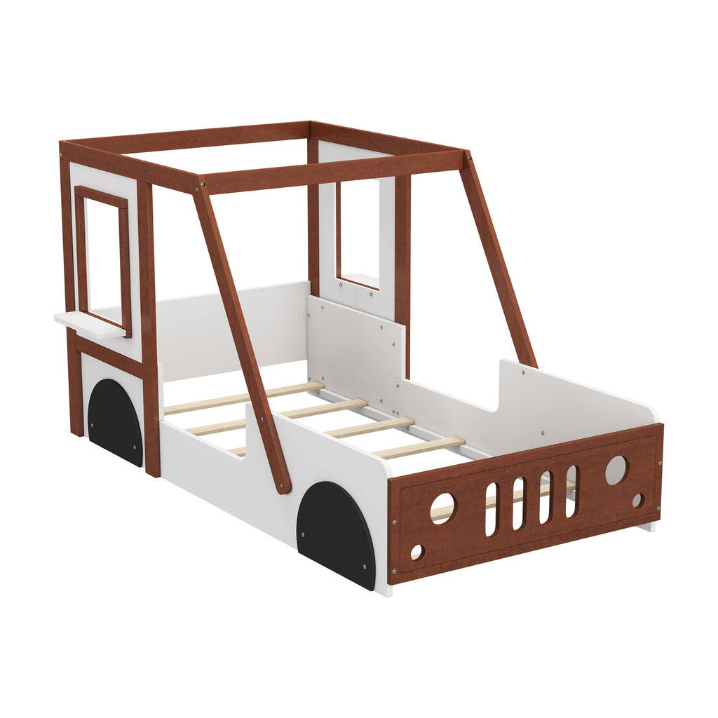 Twin Size Car Bed for Kids, Solid Wood Frame, Fun Play Design with Wheels, Doors, and Windows, 77" x 41.3" x 41.1", White+Orange