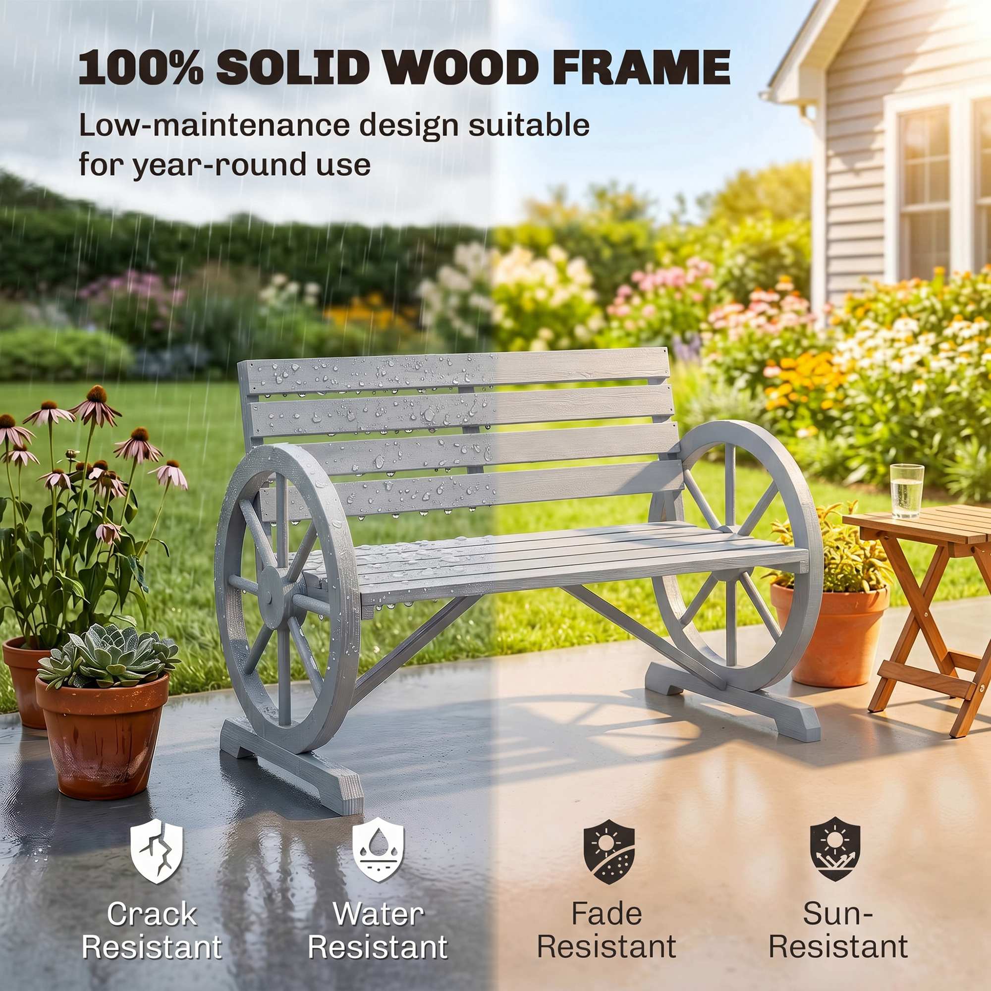 41" Wooden Wagon Wheel Bench, Rustic Outdoor Patio Bench Weather Resistance Furniture, 2-Person Slatted Seat with Backrest, Light Gray