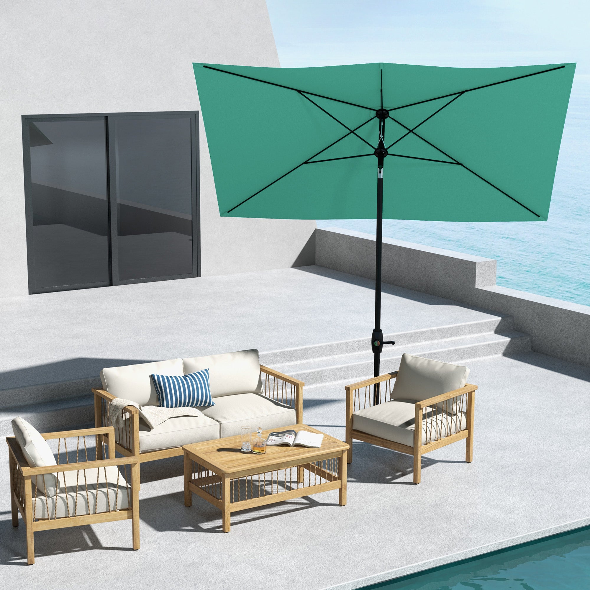 6.5' x 10' Rectangular Market Umbrella, Patio Outdoor Table Umbrella with Crank and Push Button Tilt, Teal