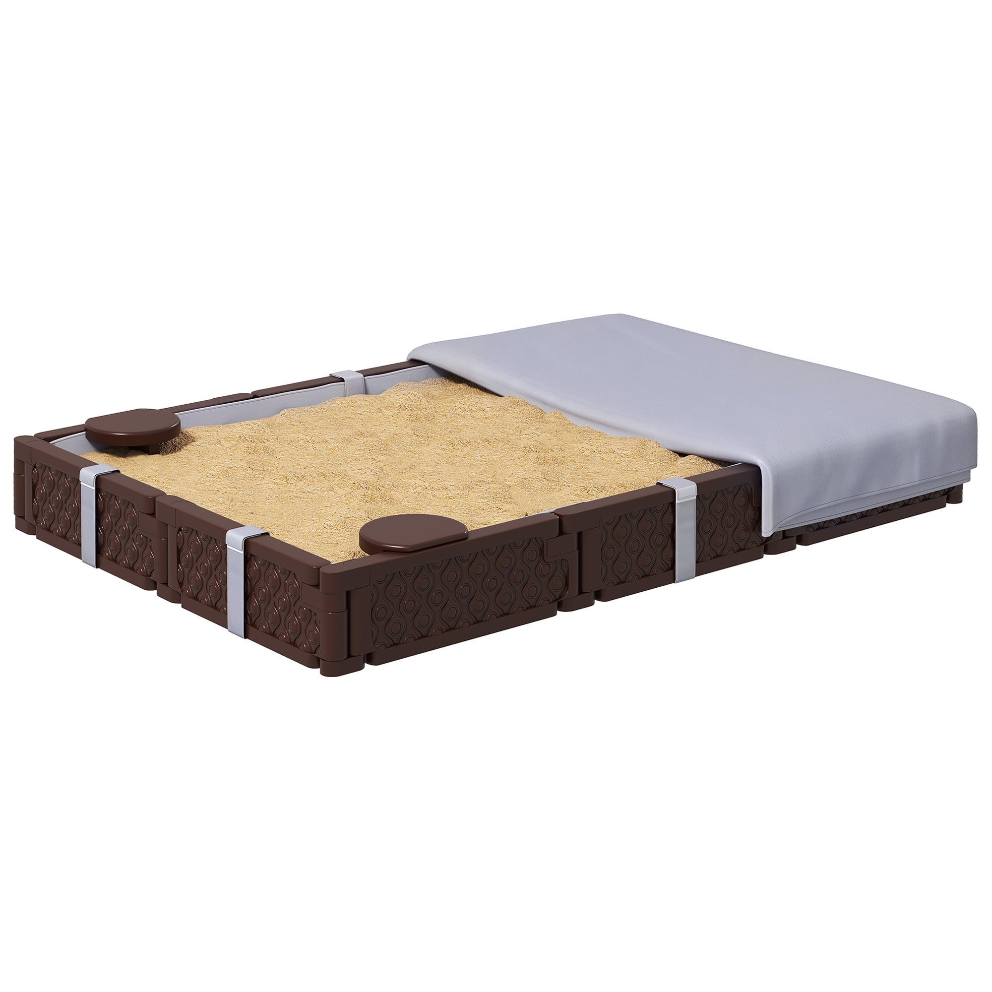 Kids Sandbox with Cover, 4 Corner Seats, Bottom Liner for Backyard, Garden, Outdoor, 73" x 47" x 9", Dark Brown
