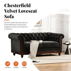 Chesterfield Velvet Loveseat Sofa, 2-Person Rolled Arm Upholstered Couch, with Tufted Buttons, Pine Wood Frame, 59.50" Wx34.00" Dx27.00" H, Black