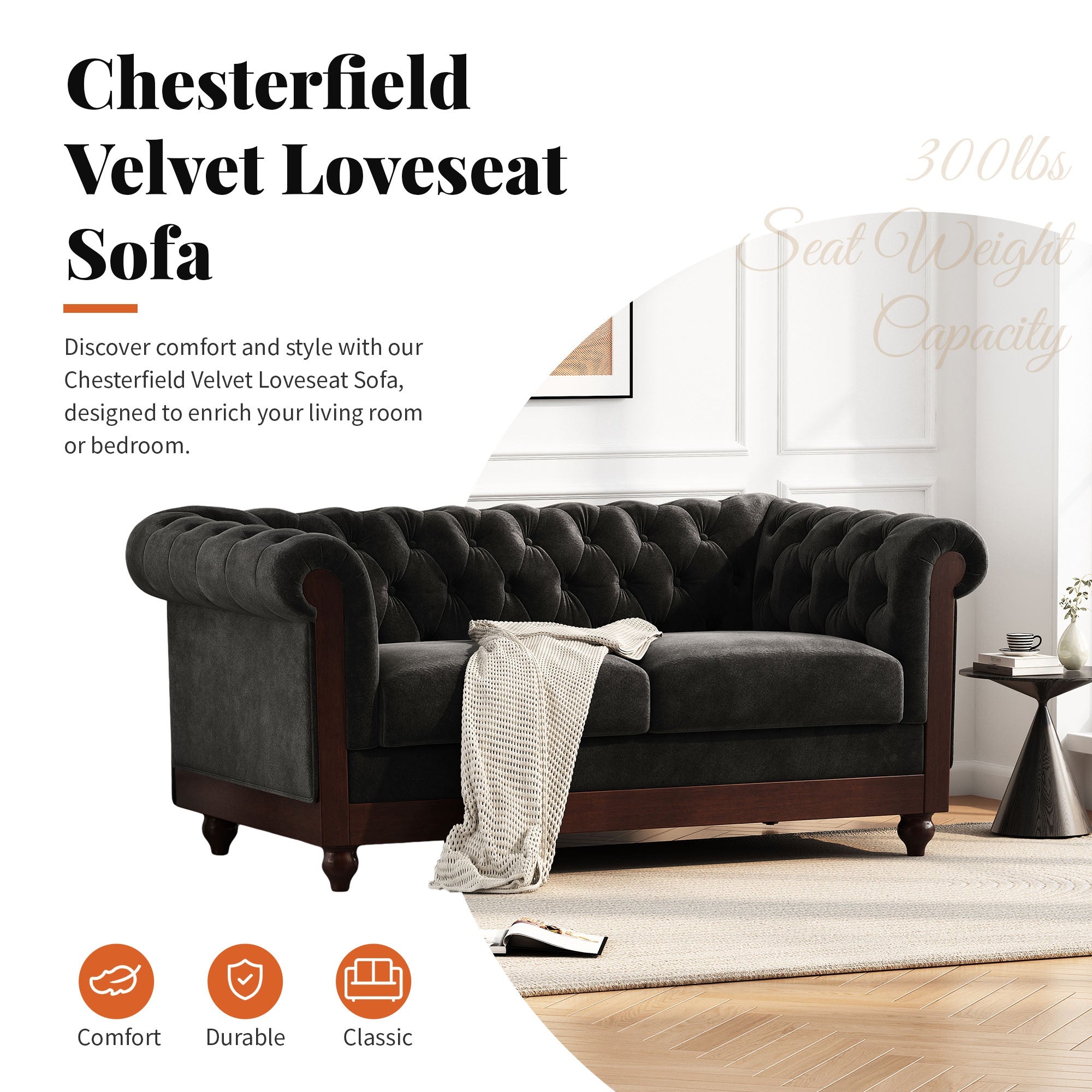 Chesterfield Velvet Loveseat Sofa, 2-Person Rolled Arm Upholstered Couch, with Tufted Buttons, Pine Wood Frame, 59.50" Wx34.00" Dx27.00" H, Black