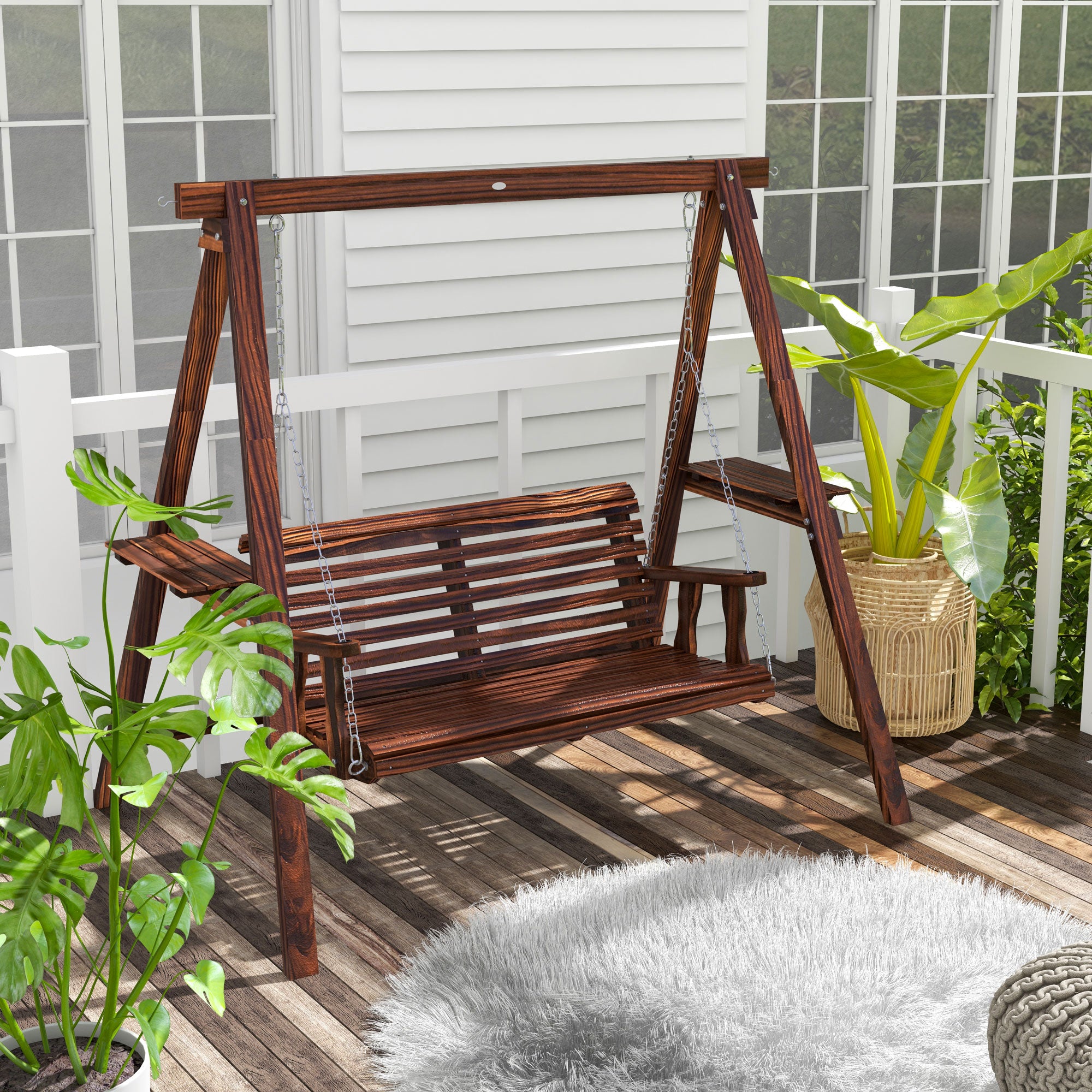 2-Seat Outdoor Swing Chair with Stand and Side Tables for Garden, Poolside, Backyard, Carbonized