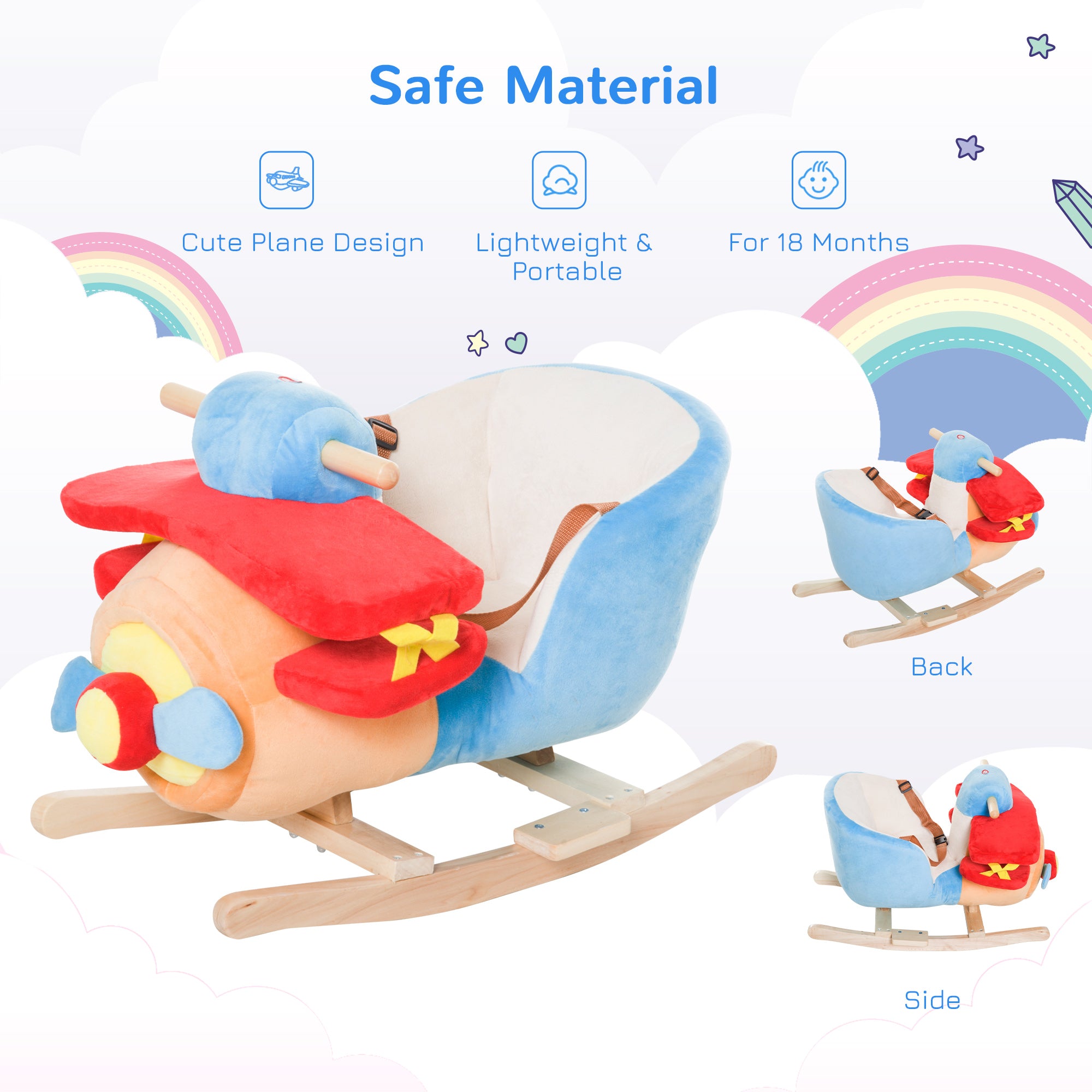 Kids Rocking Horse, Wooden Plush Ride-on Plane Chair Toy with Lullby Song and Seat Belt for 18 Month +