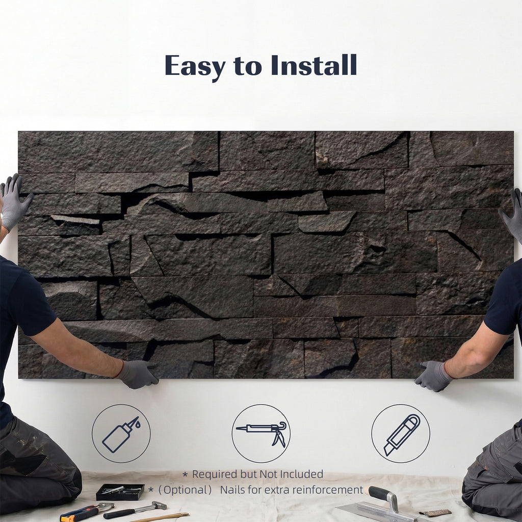 8-Pack 3D Faux Stone Wall Panels, Lightweight Polyurethane Panels for Interior and Exterior Accent Walls, Black