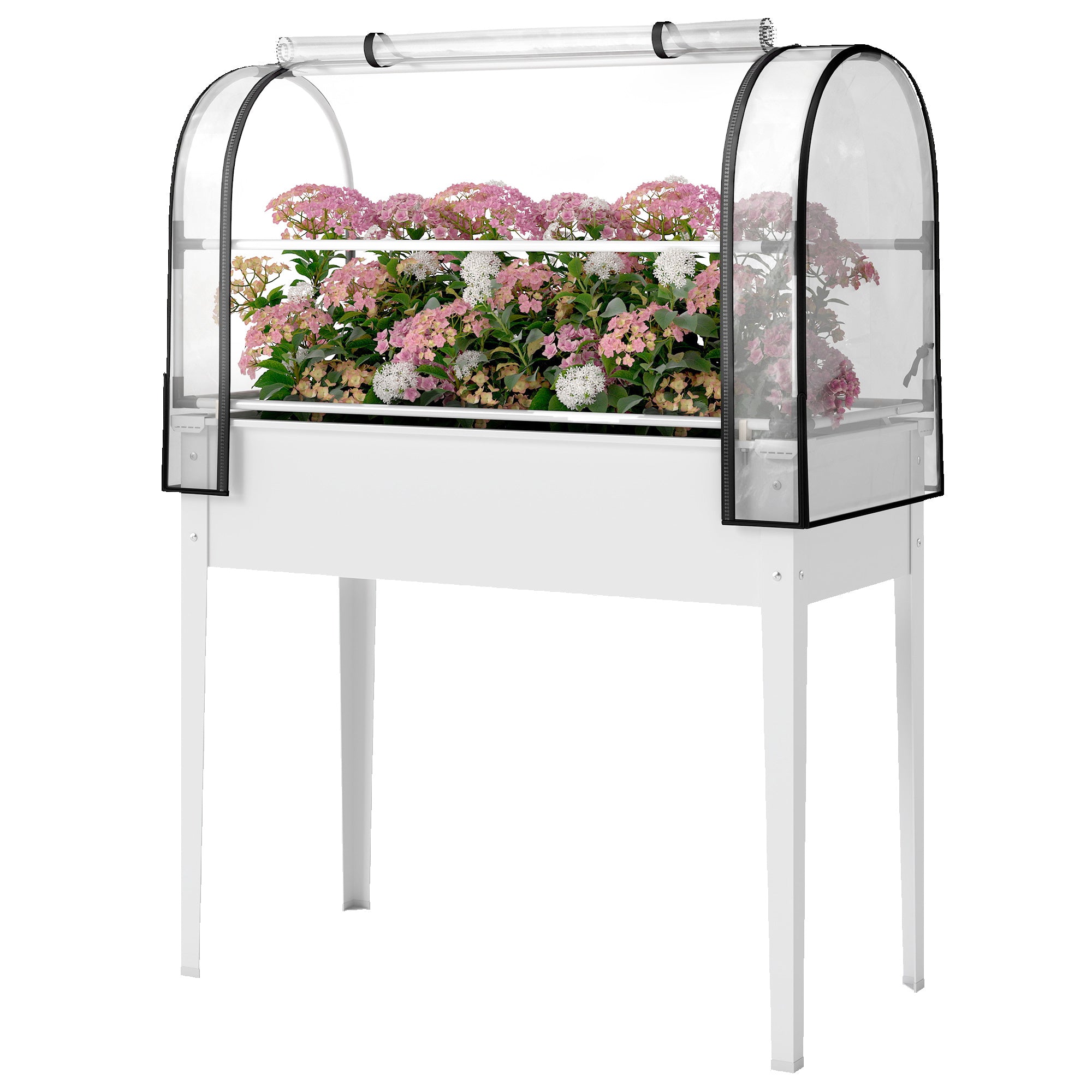 Raised Garden Bed with Flip-Up Greenhouse Cover, Metal Elevated Garden Bed with Legs and Drainage Hole, White