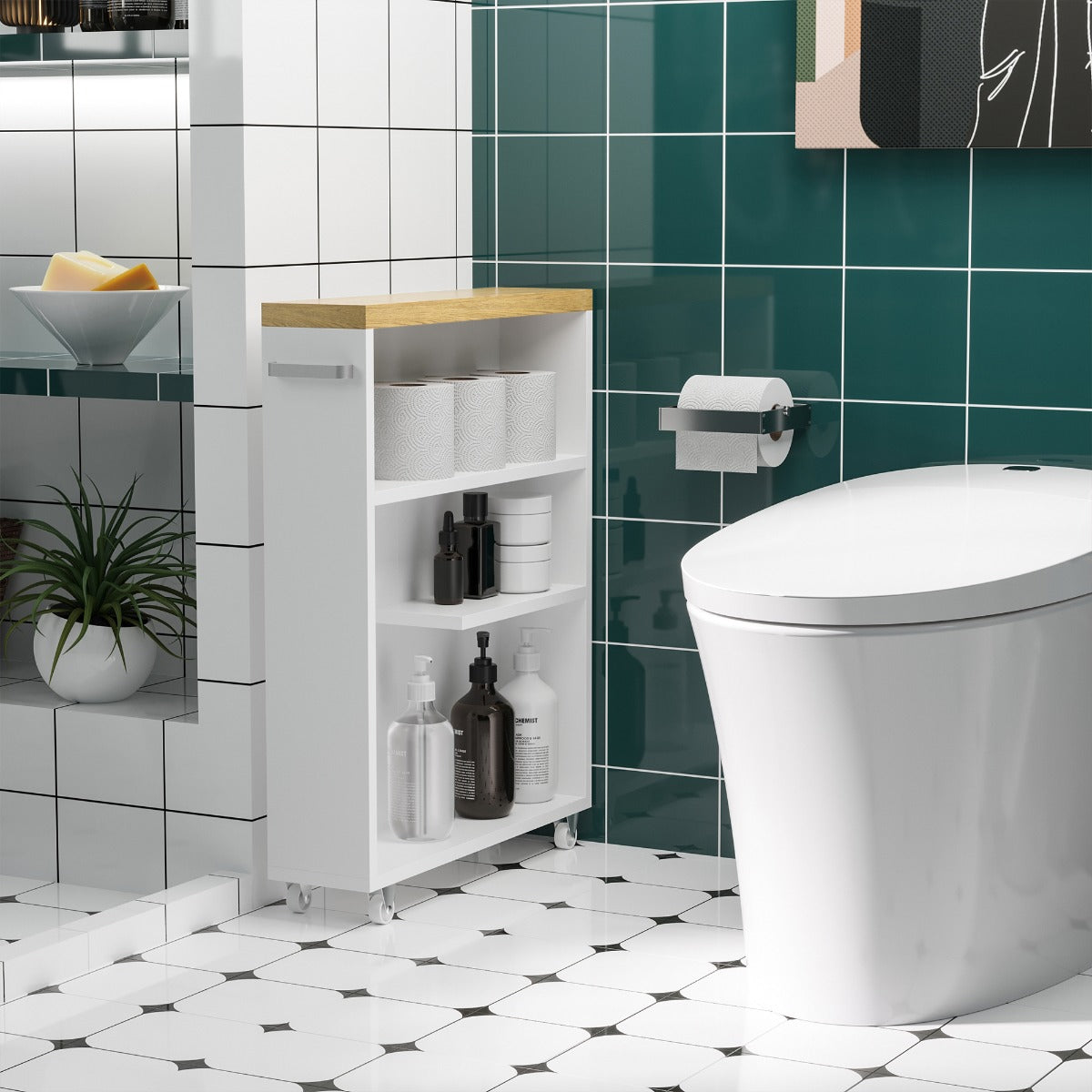 Slim Bathroom Cabinet with Castor Wheels Storage Organizer and Wood Shelves To Fit In Small Spaces, White