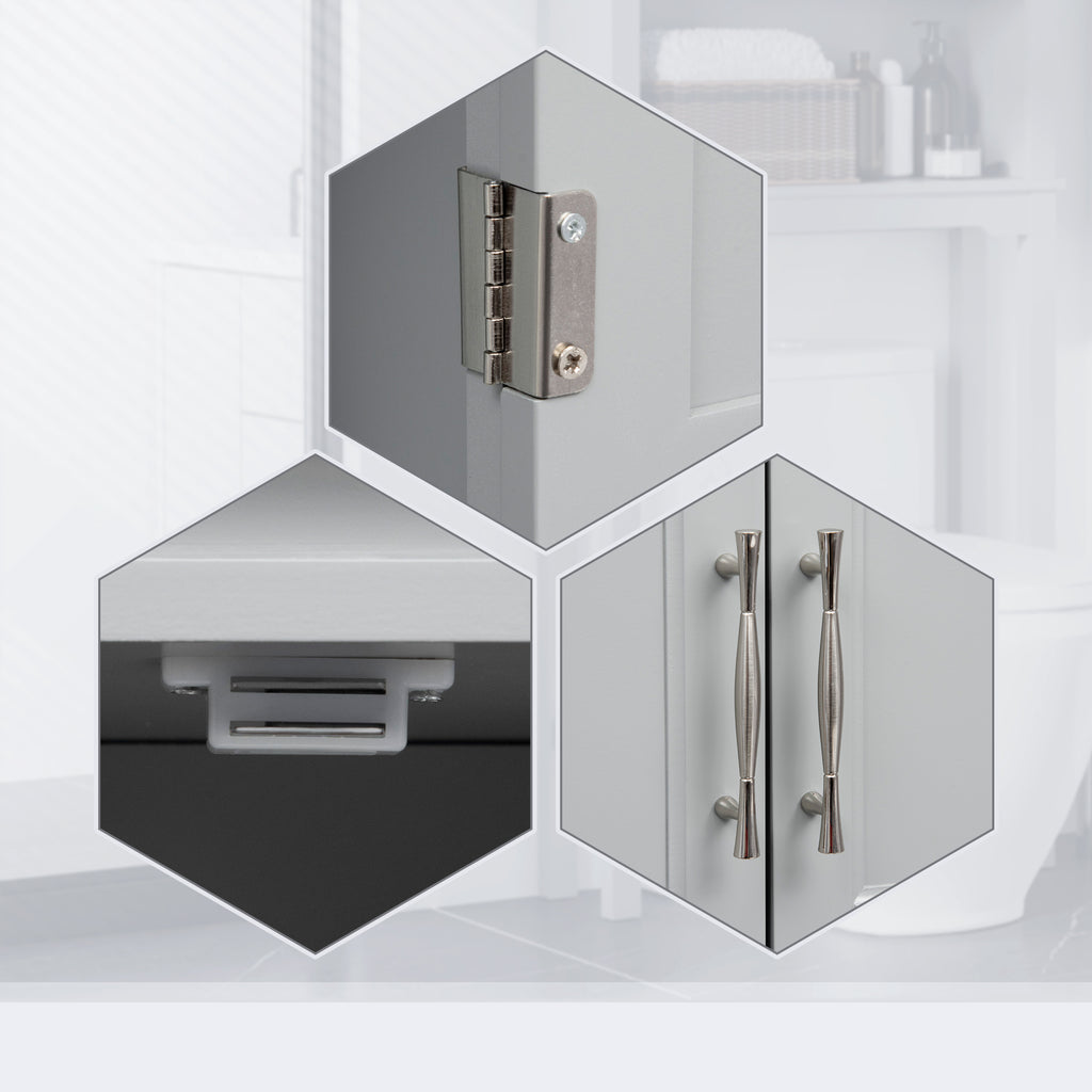 Modern Over The Toilet Storage Cabinet, Double Door Bathroom Organizer with Inner Adjustable Shelf and Open Shelf, Gray