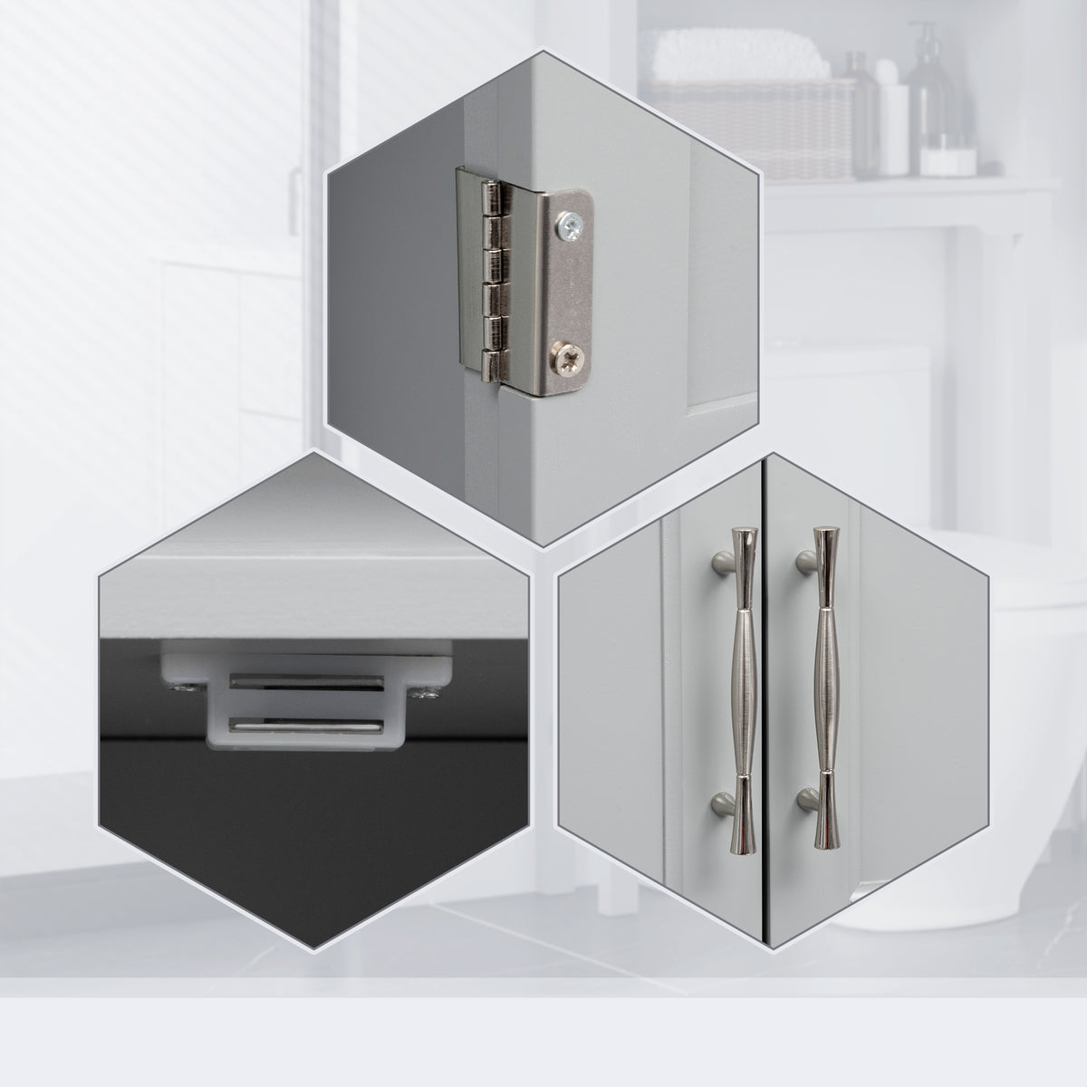 Modern Over The Toilet Storage Cabinet, Double Door Bathroom Organizer with Inner Adjustable Shelf and Open Shelf, Gray