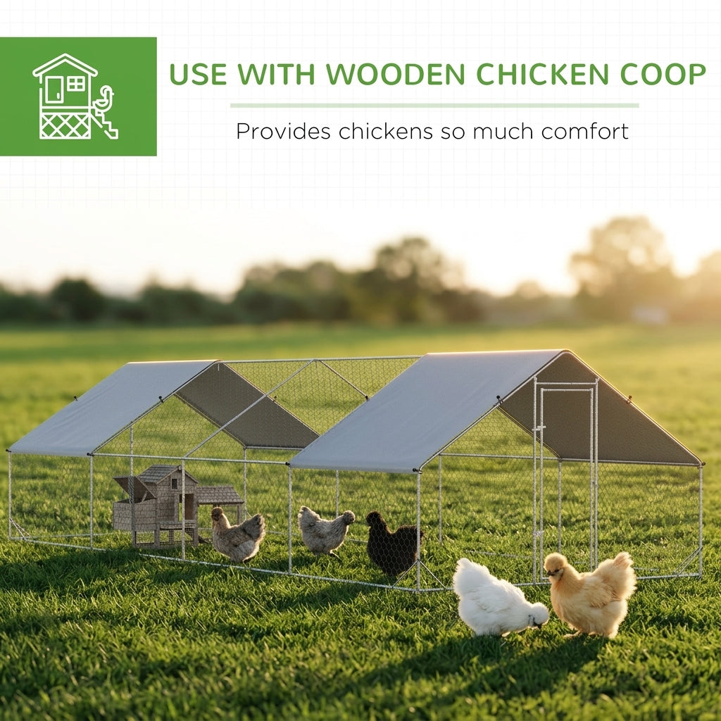 Large Chicken Coop Metal Chicken Run with Waterproof and Anti-UV Cover, Spire Shaped Walk in Fence Cage Hen House for Outdoor and Yard Farm Use, 1" Tube Diameter, 9.8' x 26.2' x 6.6'