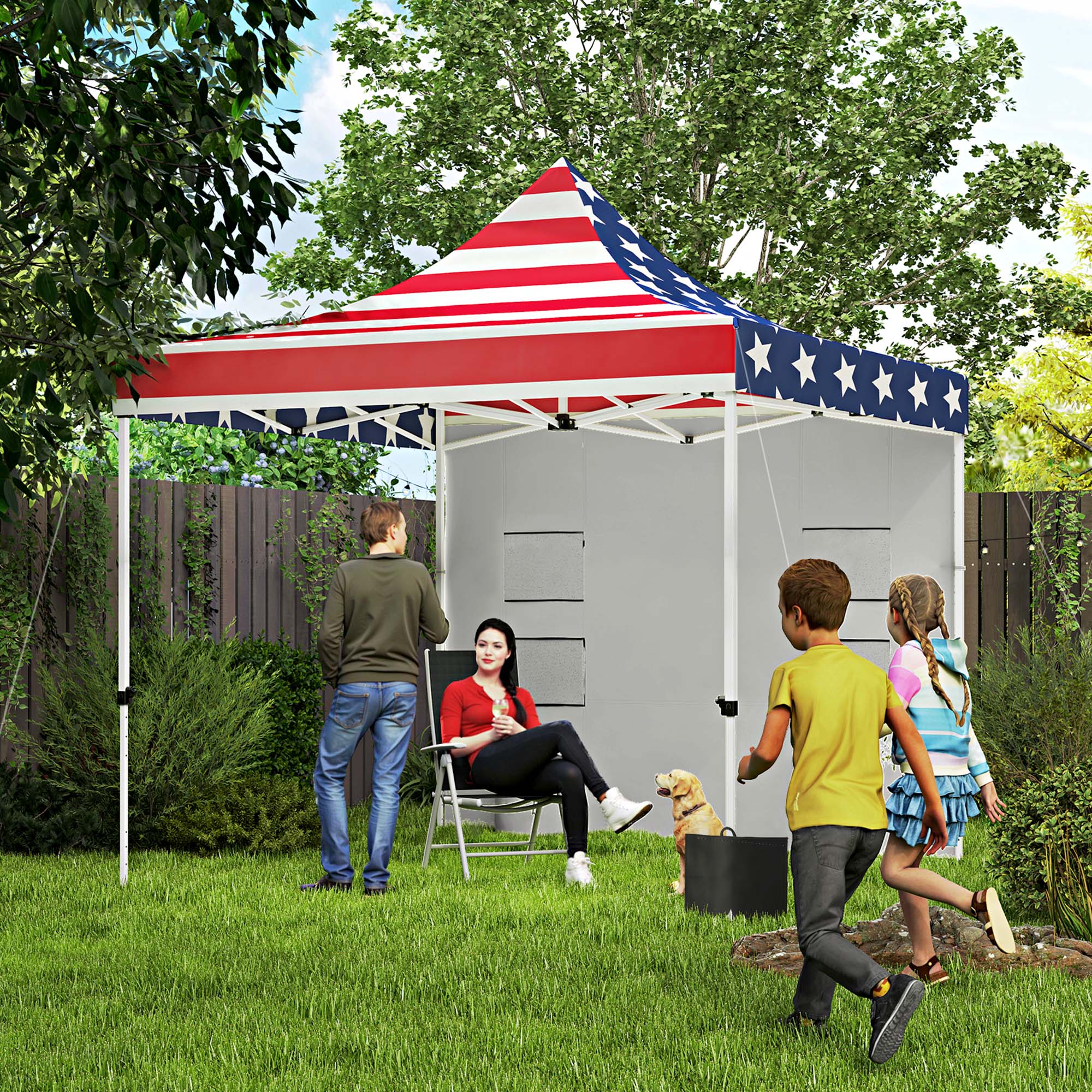 10' x 10' Heavy Duty Pop Up Canopy Tent with Sidewall, UPF50+ Instant Sun Shelter with Storage Pockets, American Flag