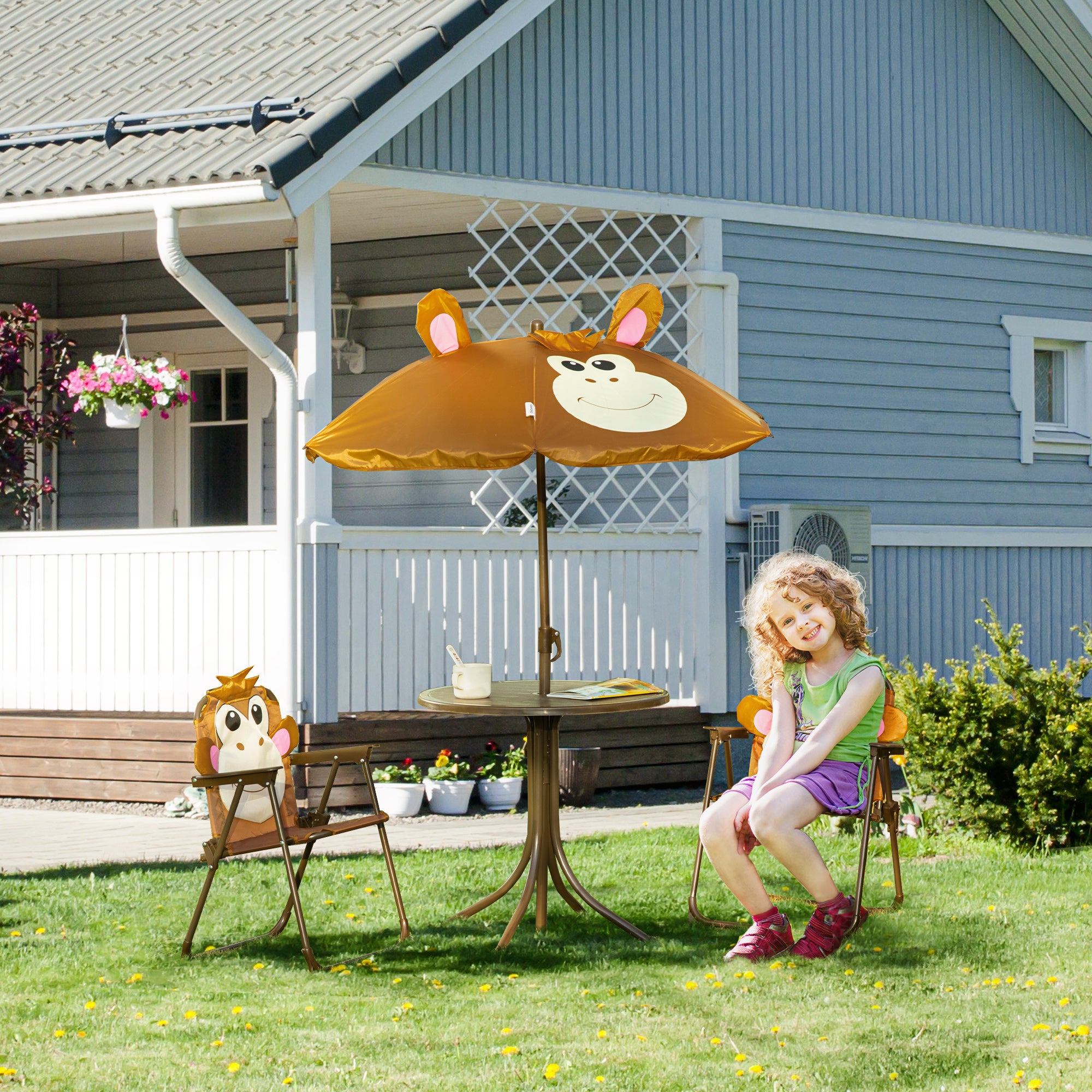 Kids Table and Chair Set, Outdoor Folding Garden Furniture, Picnic Table for Patio Backyard, with Removable & Height Adjustable Sun Umbrella, Brown