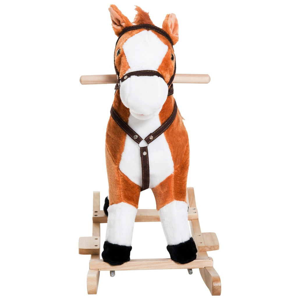 Kids Plush Toy Rocking Horse, Wooden Ride-on Chair, Plush Animal Rocker with Realistic Sounds and Moving Tail for Toddlers, Brown