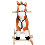 Kids Plush Toy Rocking Horse, Wooden Ride-on Chair, Plush Animal Rocker with Realistic Sounds and Moving Tail for Toddlers, Brown