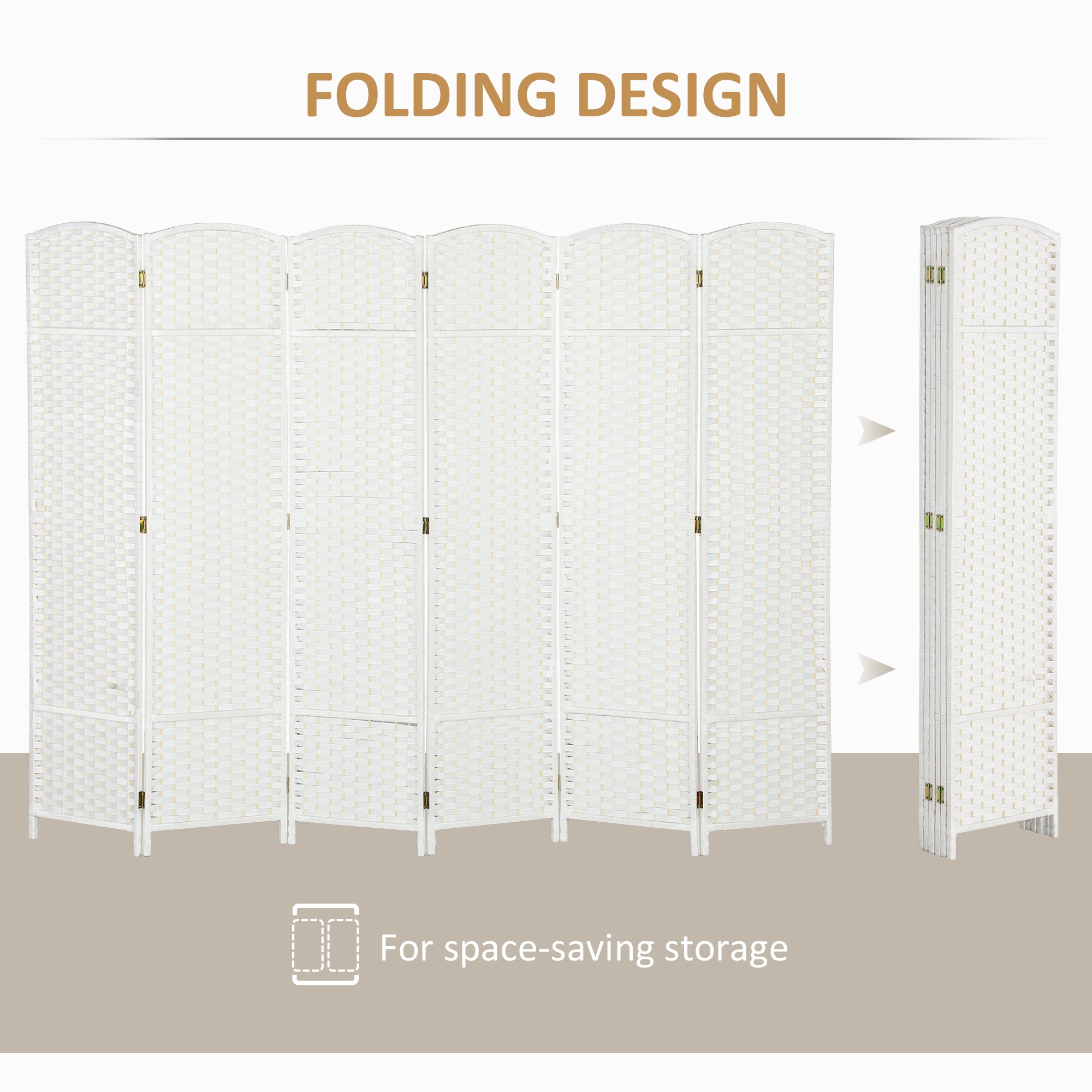 Folding Room Divider Screen 6 Panel 5.6 ' Tall Privacy Screen Freestanding Room Partition for Home Office, White