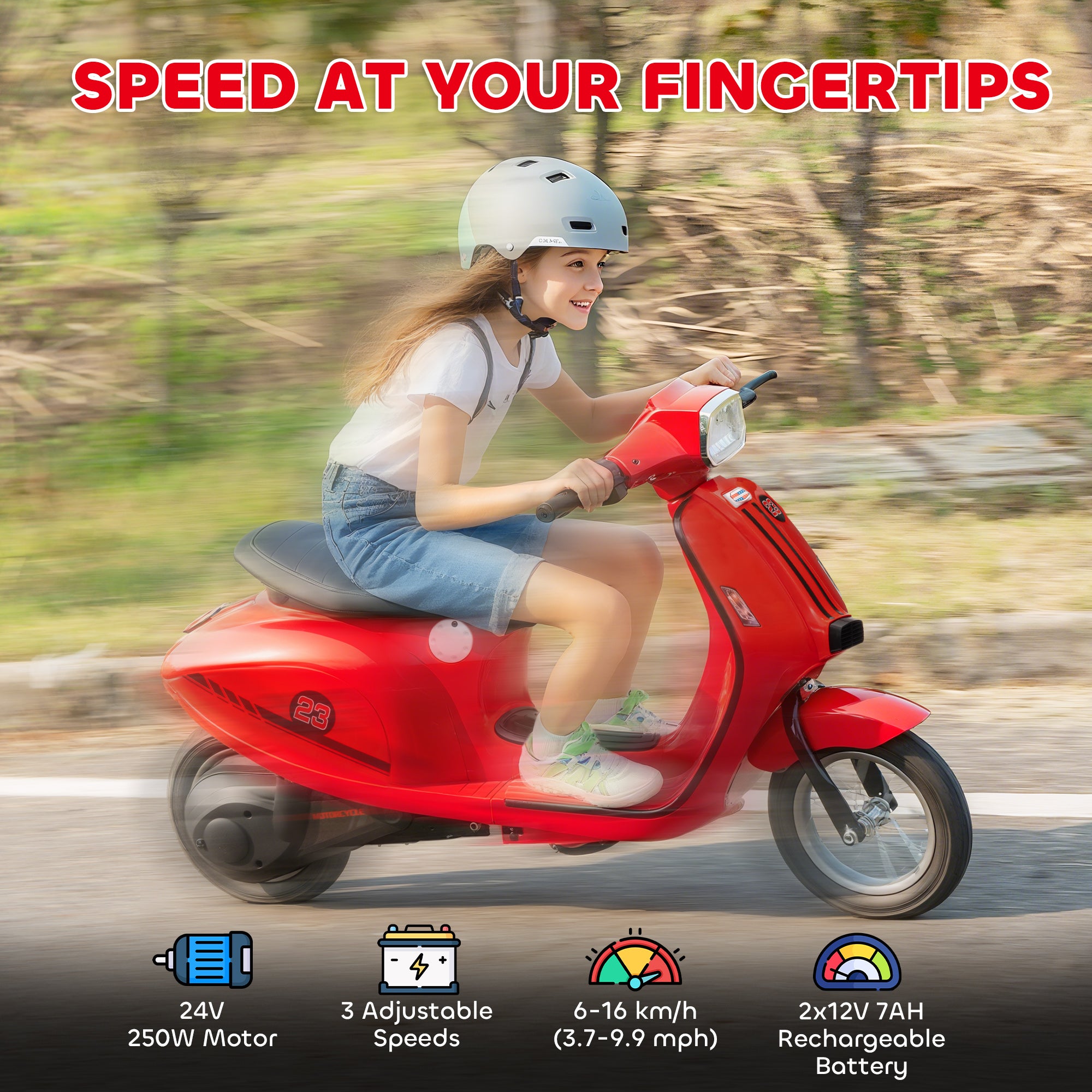 24V Kids Motorcycle with 3-Speed, Electric Motorcycle with Rear Suspension and LED Lights for 8-12 Years Old, Red
