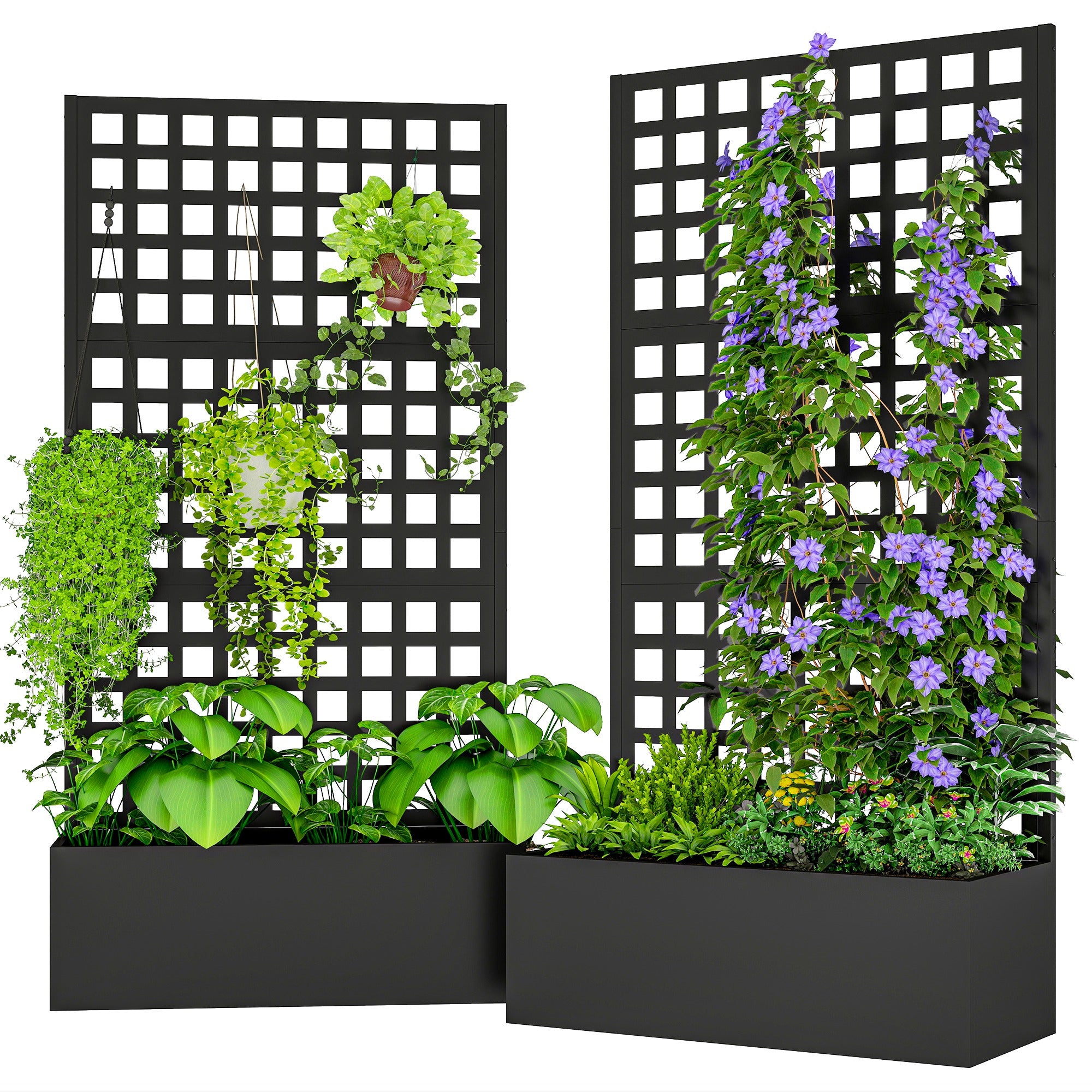 Galvanized Raised Garden Bed Planter Box with Trellis for Climbing Plants, Vegetable, Vines, 35" x 16" x 70", Black
