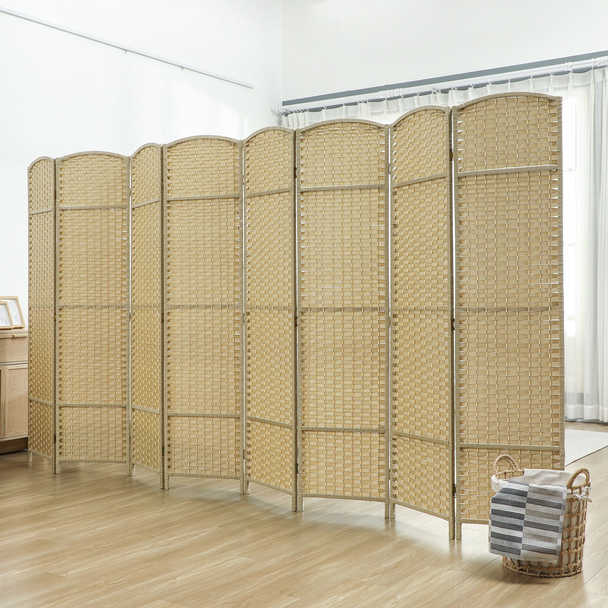 Folding Room Divider Screen 8 Panel 5.6 ' Tall Privacy Screen Freestanding Room Partition for Home Office, Beige