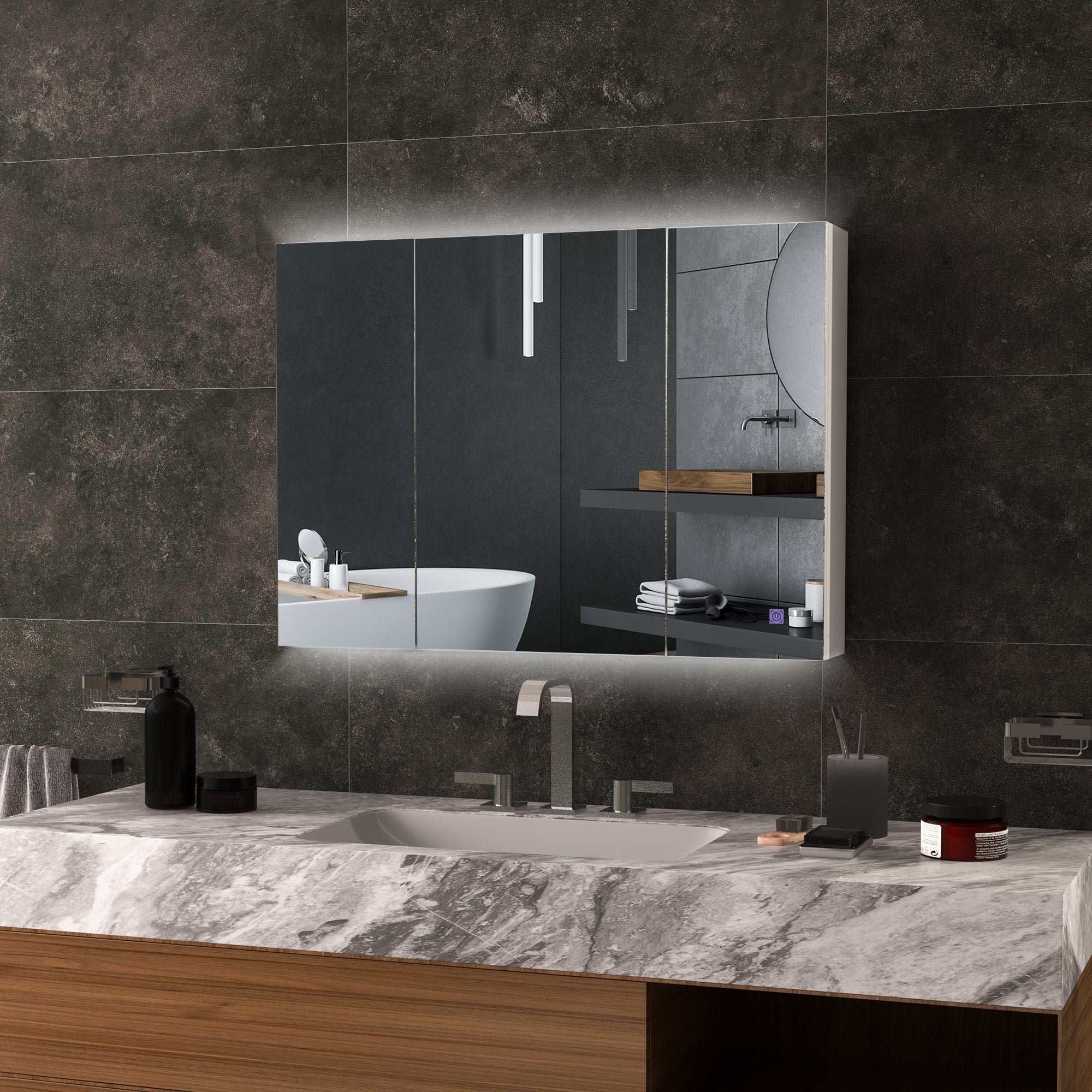 Bathroom Mirror Cabinet with Light, Bathroom Storage Cupboard with USB Charge, Adjustable Shelf, 35.5"W x 25.5"H, White