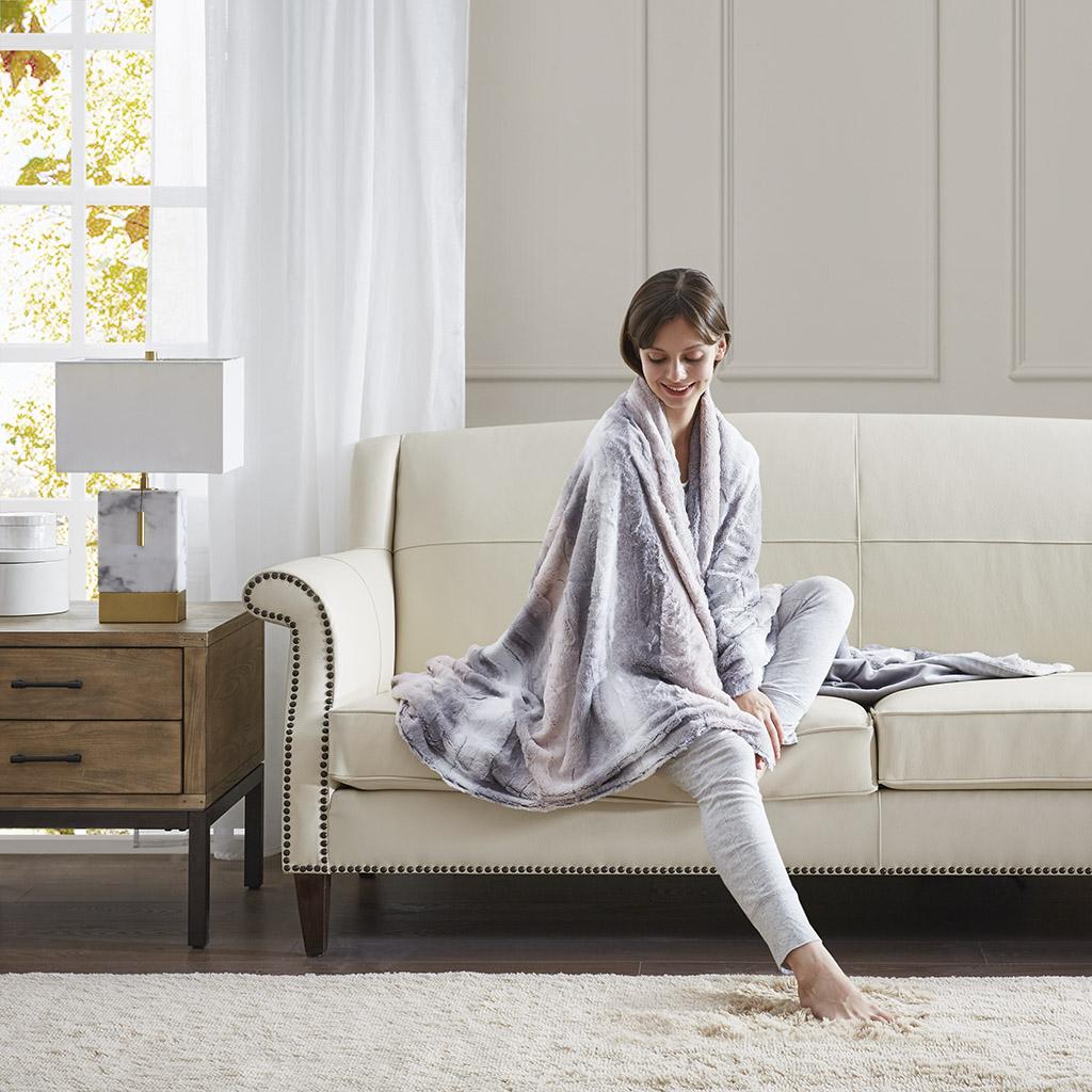 Machine Washable Oversized Faux Fur Throw with OEKO-TEX Certified, Luxurious Blanket with Faux Mink Reverse, 70" L x 60" W x 0.25" H, Gray