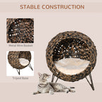 20.5" Weaved Cat Bed, Elevated Hand-woven Braided Banana Leaf Kitten House Condo with Cushion, Brown