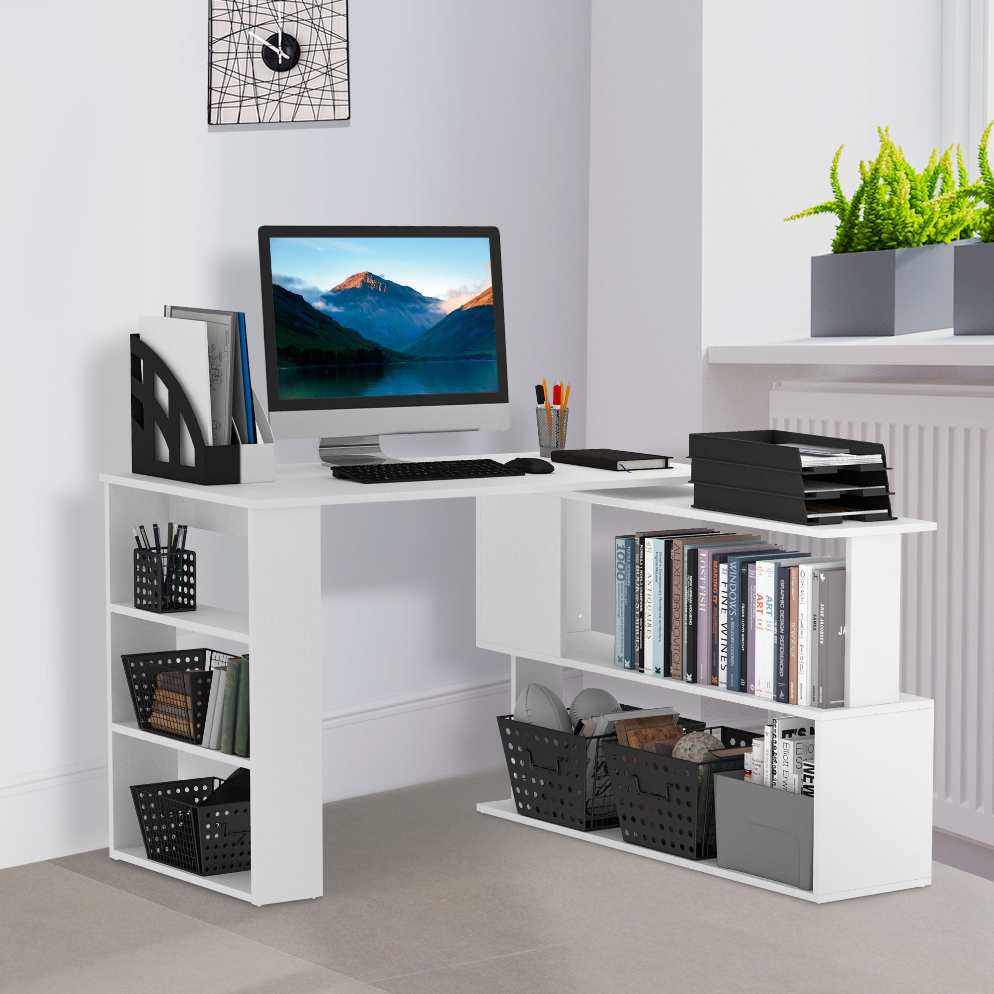 L Shaped Desk, Corner Computer Desk, 360 Degree Rotating Home Office Desk with Storage Shelves, Writing Table Workstation, White