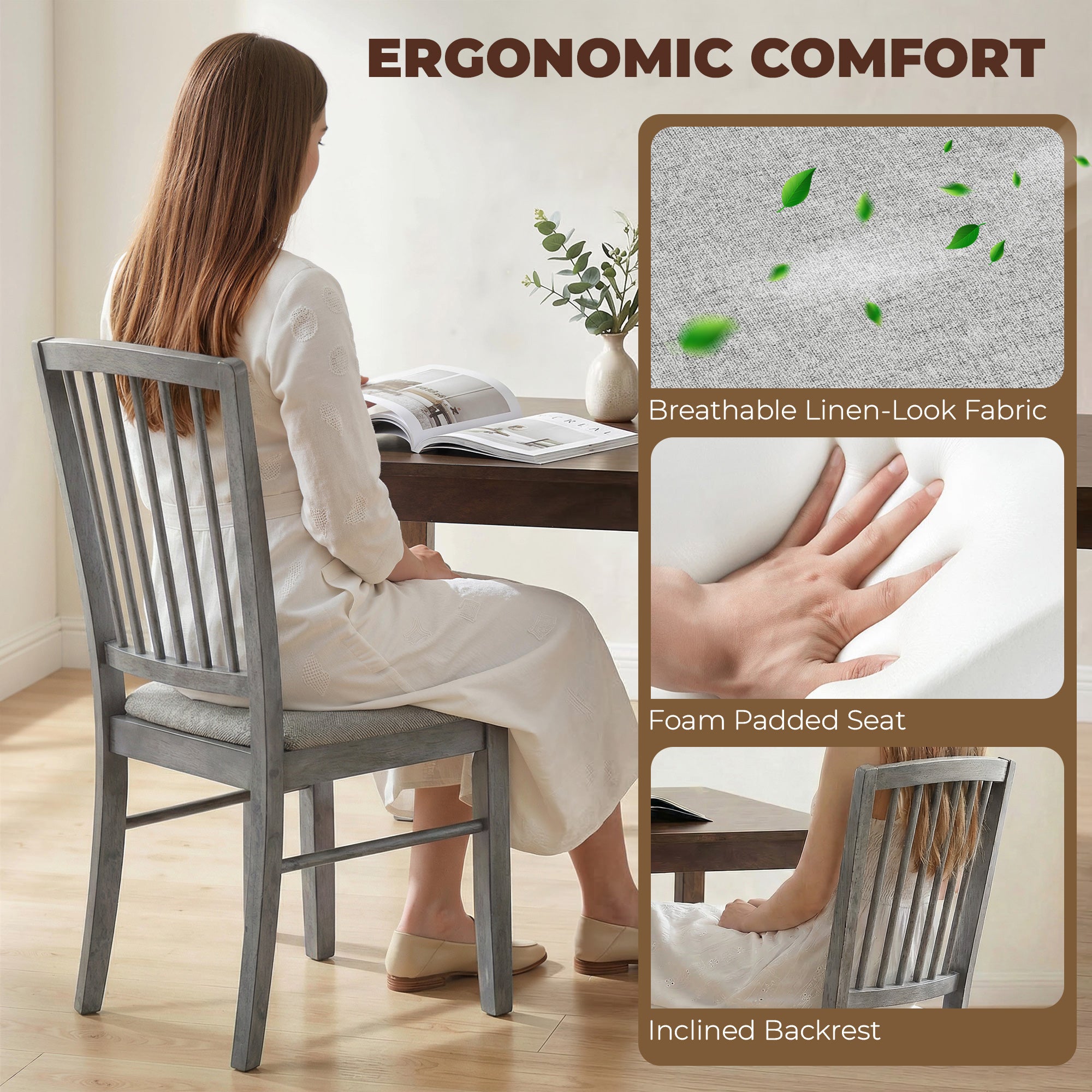 Dining Chairs Upholstered Kitchen Chairs with Rubberwood Legs Set of 2, Rustic Gray