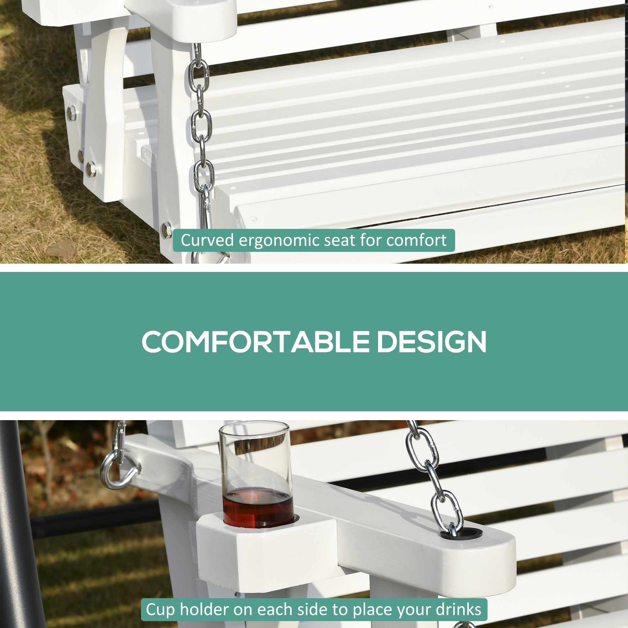 46" 2-Person Porch Swing Wooden Patio Swing Bench with Cup Holders, Slatted Design, Chains, 440lb Weight Capacity, White