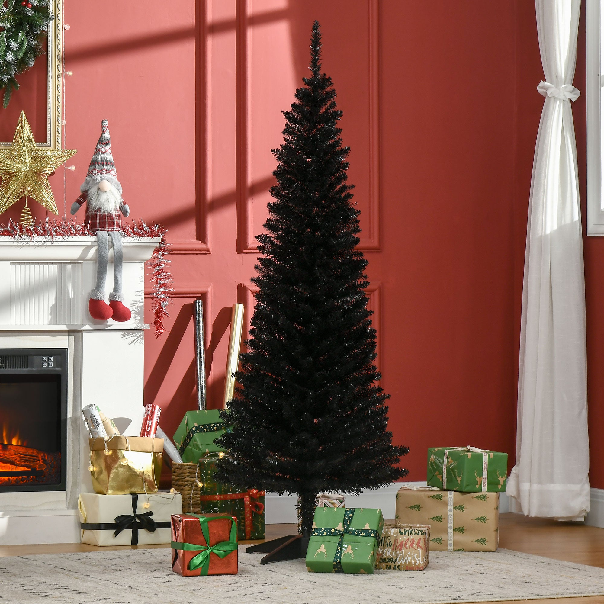 5' Artificial Pencil Christmas Tree, Slim Xmas Tree with 294 Realistic Branch Tips and Plastic Stand, Black