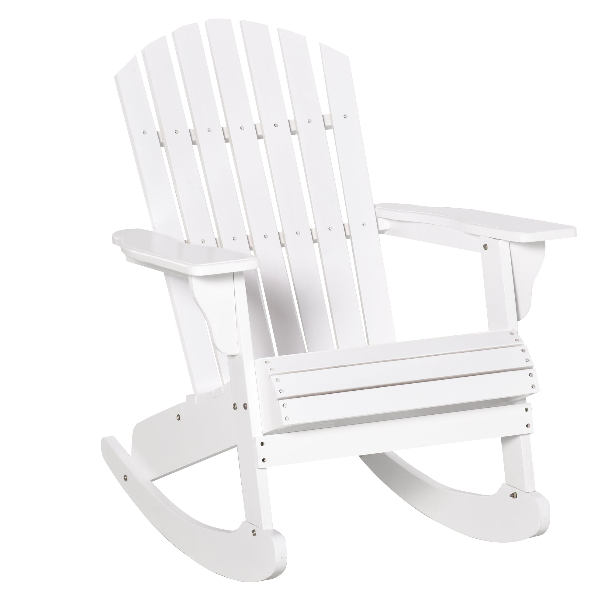 Wooden Adirondack Rocking Chair Outdoor Lounge Chair Fire Pit Seating with Slatted Wooden Design, Fanned Back, White