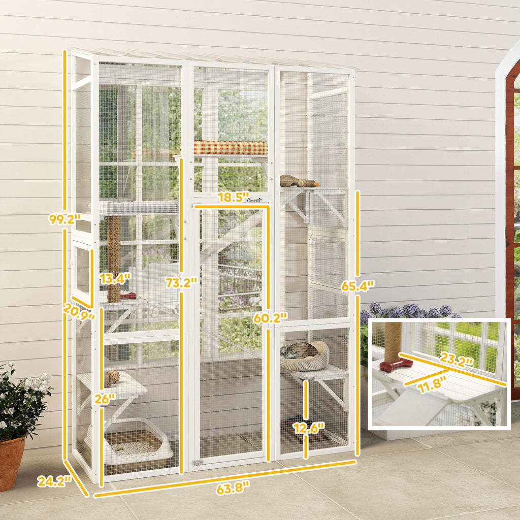 Outdoor Catio Cat Enclosure, Large Wooden Cat House with 6 Jumping Platforms, Scratching Post, 2 Ramps, for 2-3 Kittens
