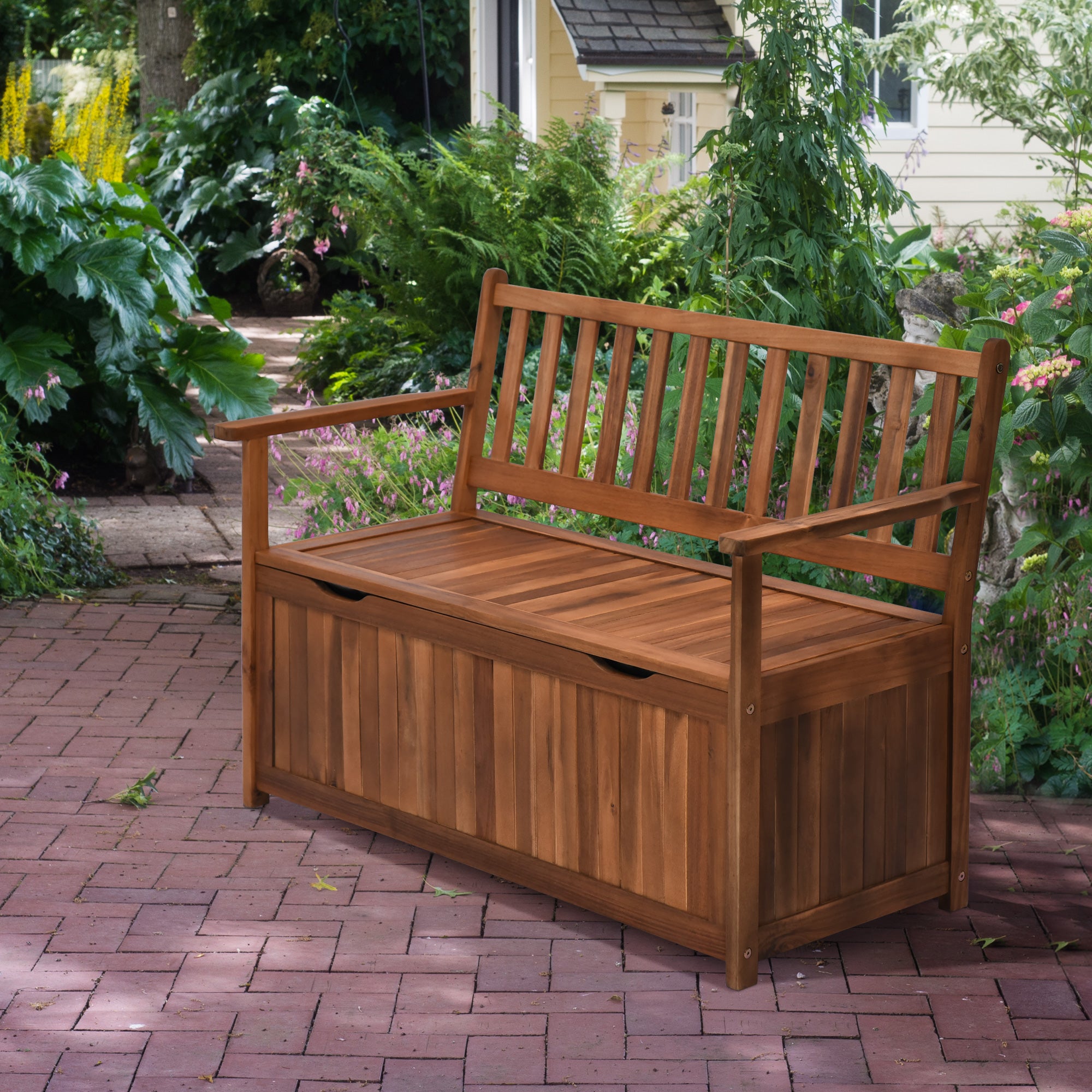 41 Gallon Outdoor Storage Bench, Wooden Deck Box with Inner Waterproof PE Lining, 2-Seat Container for Patio Garden Balcony Yard Store Garden Tools, Teak