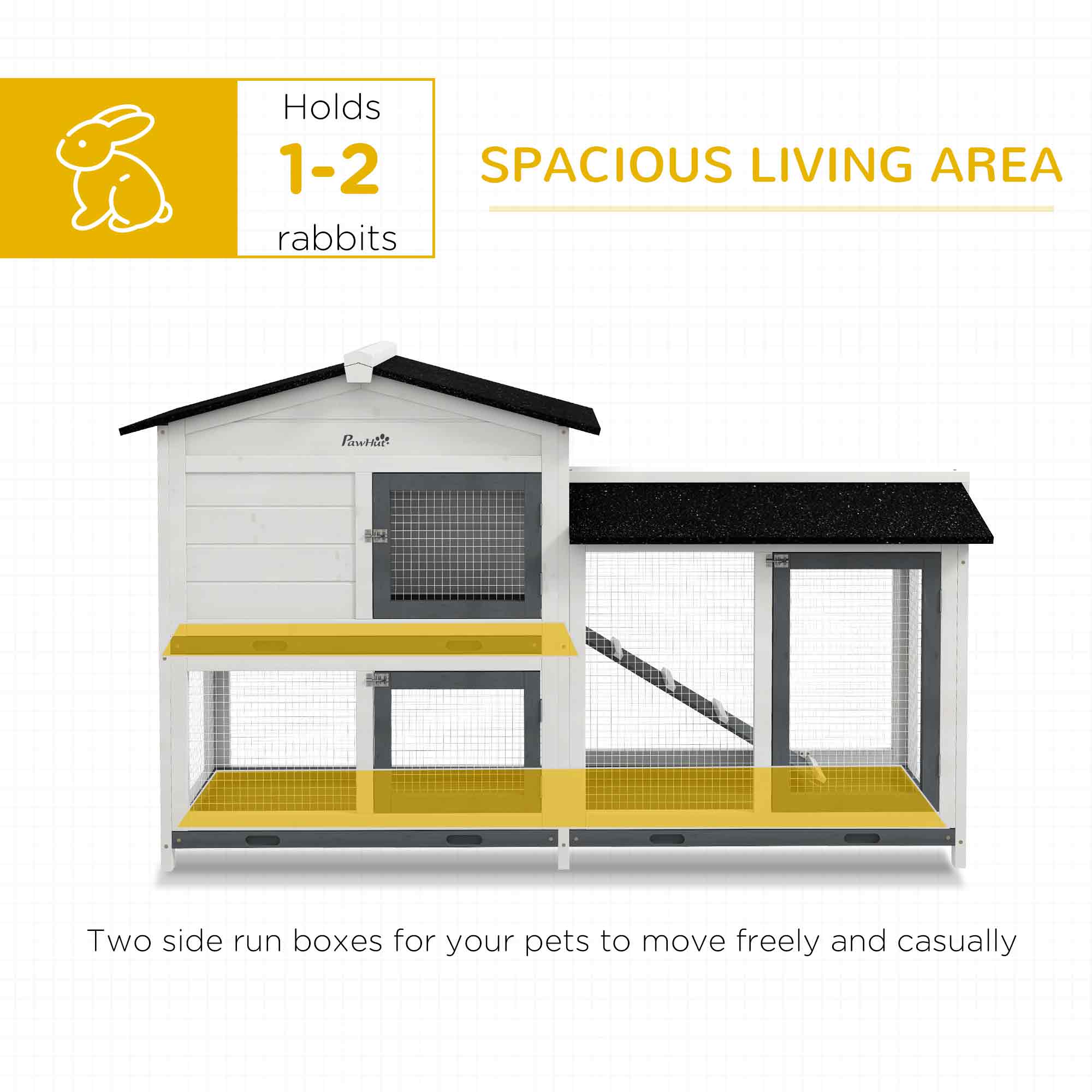 62" Rabbit Hutch, Wooden Bunny Hutch, Guinea Pig Cage, Small Animal Enclosure with Run Area, Removable Tray, Asphalt Roof, Lockable Doors and Ramp, for Rabbits, Chickens, Ducks, White