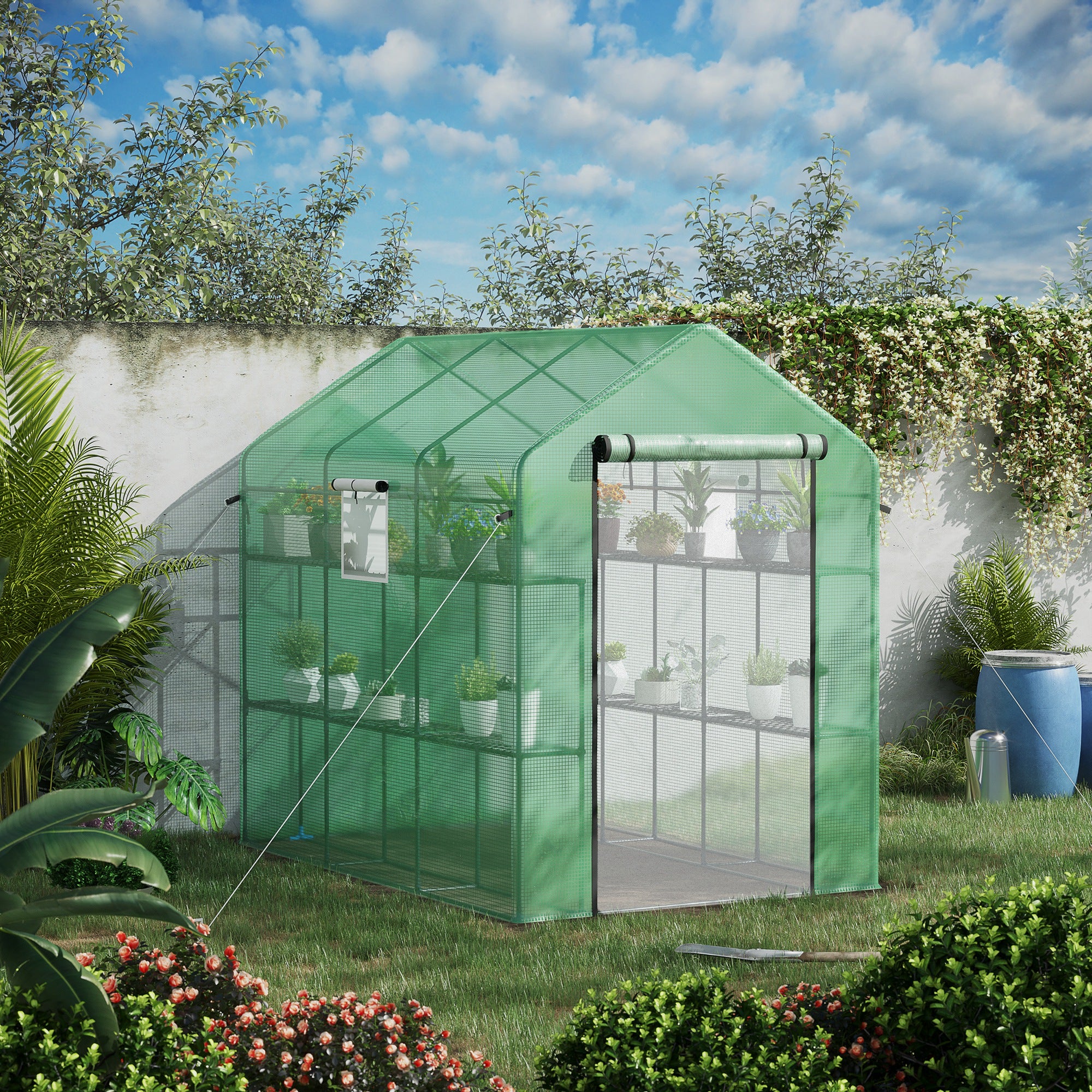 7' x 5' x 6' Walk-in Greenhouse for Outdoors with Mesh Door and Windows, 18 Shelf Hot House with Trellis, Plant Labels, UV Protective for Growing Flowers, Herbs, Vegetables, Saplings, Green