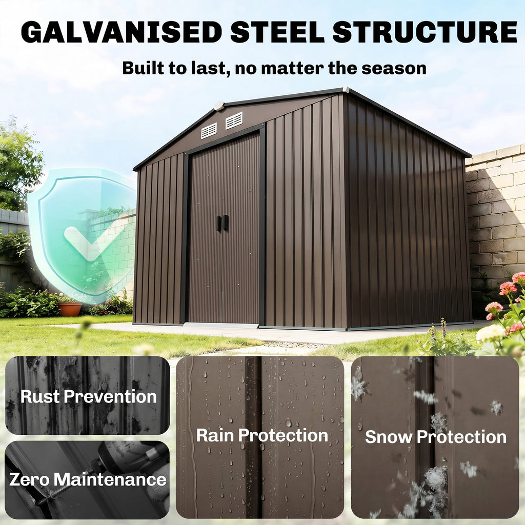 Outdoor Shed Garden Storage Shed Tool Storage Building with 4 Vents and 2 Sliding Doors, 9 x 6 FT, Brown