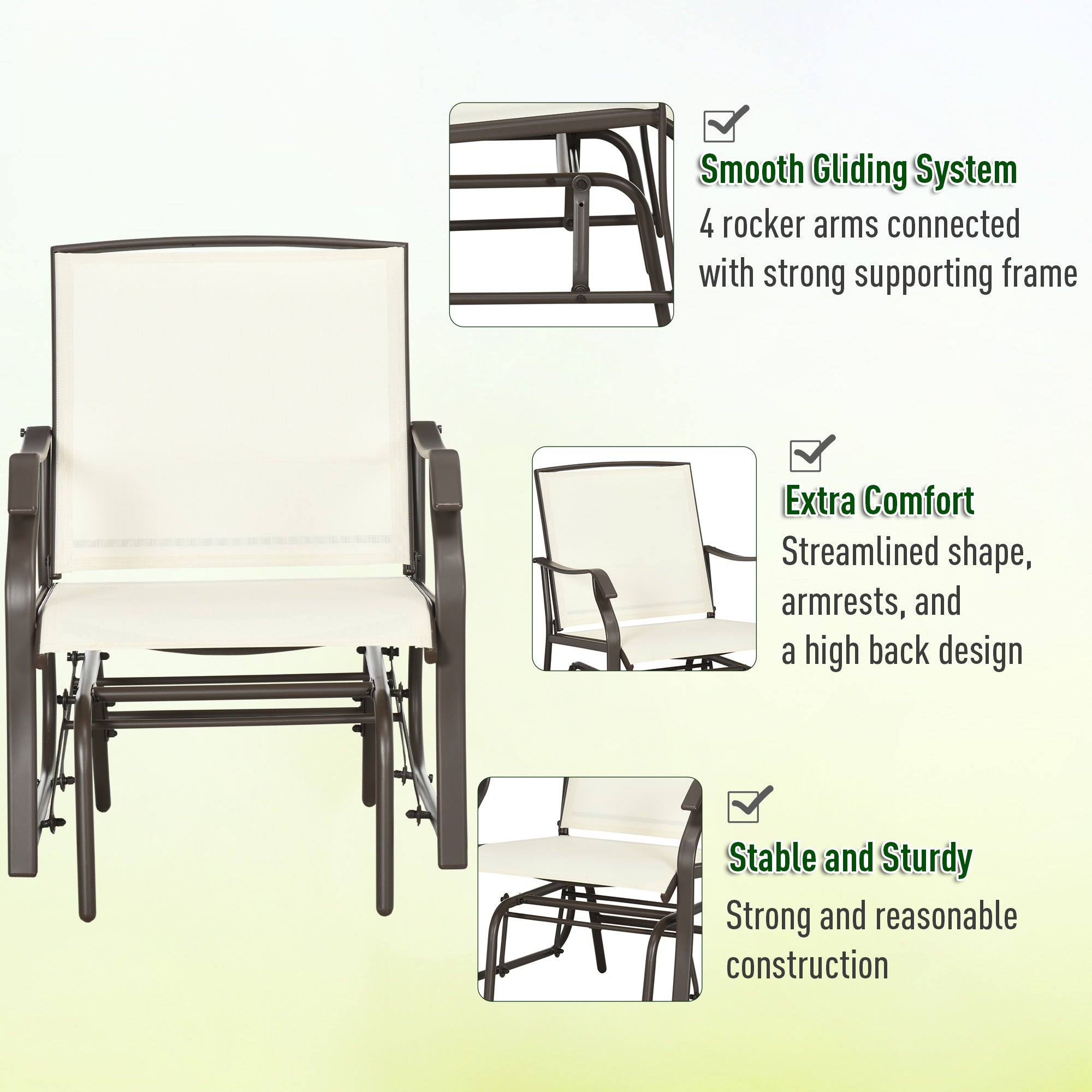 3 Piece Outdoor Glider Chair with Coffee Table Bistro Set, 2 Patio Rocking Swing Chairs with Breathable Sling Fabric, Glass Tabletop, for Backyard, Garden and Porch, Cream White