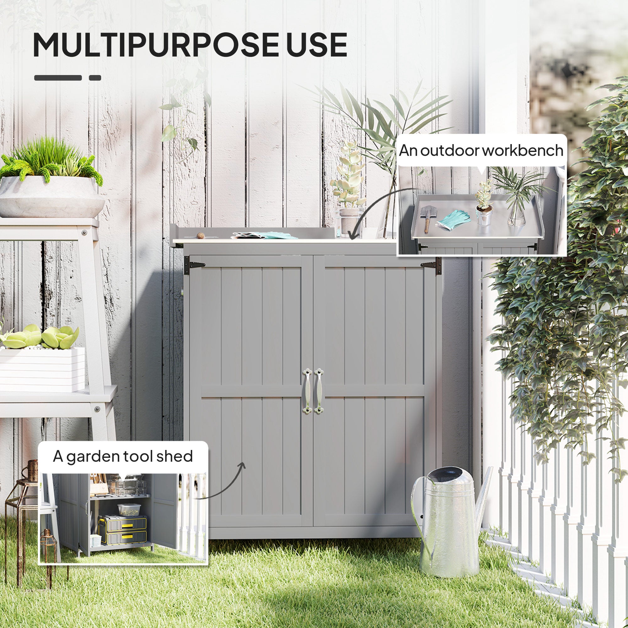 Outdoor Storage Cabinet, Garden Tool Shed with Metal Tabletop and Shelf, Wooden Potting Bench with 2 Doors, Gray