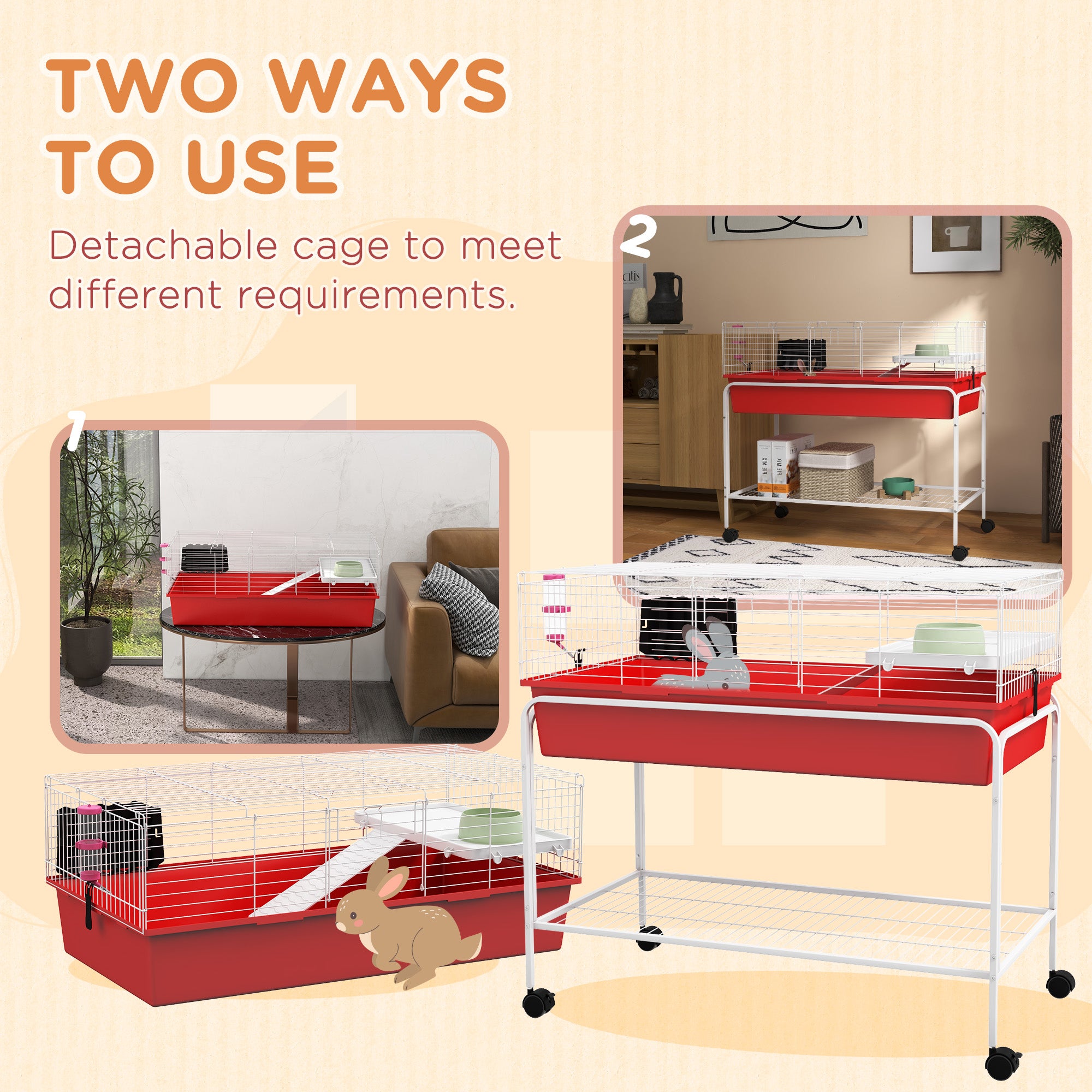 Two-Story Small Animal Cage Removable from Stand, Pet Habitat with Shelf & Wheels, 39" x 20.5" x 36.5", Red